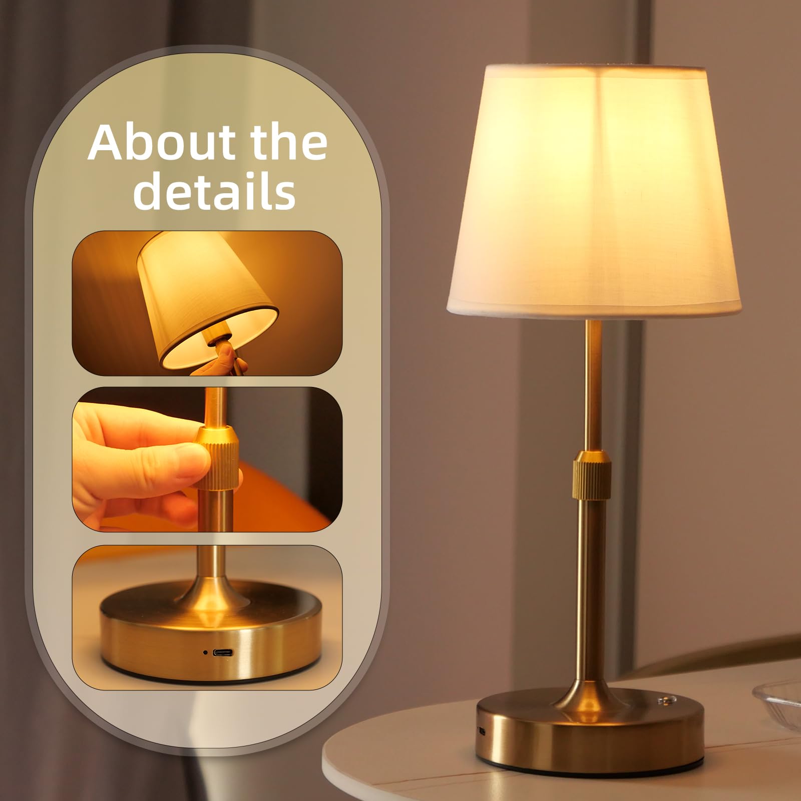 Bwhshk Usb Rechargebale Lamp For Bedroom,Adjustable Desk Lamps,Reading Night Lights,Metal Round Line Fabric Table Lamp For Living Room (Gold)
