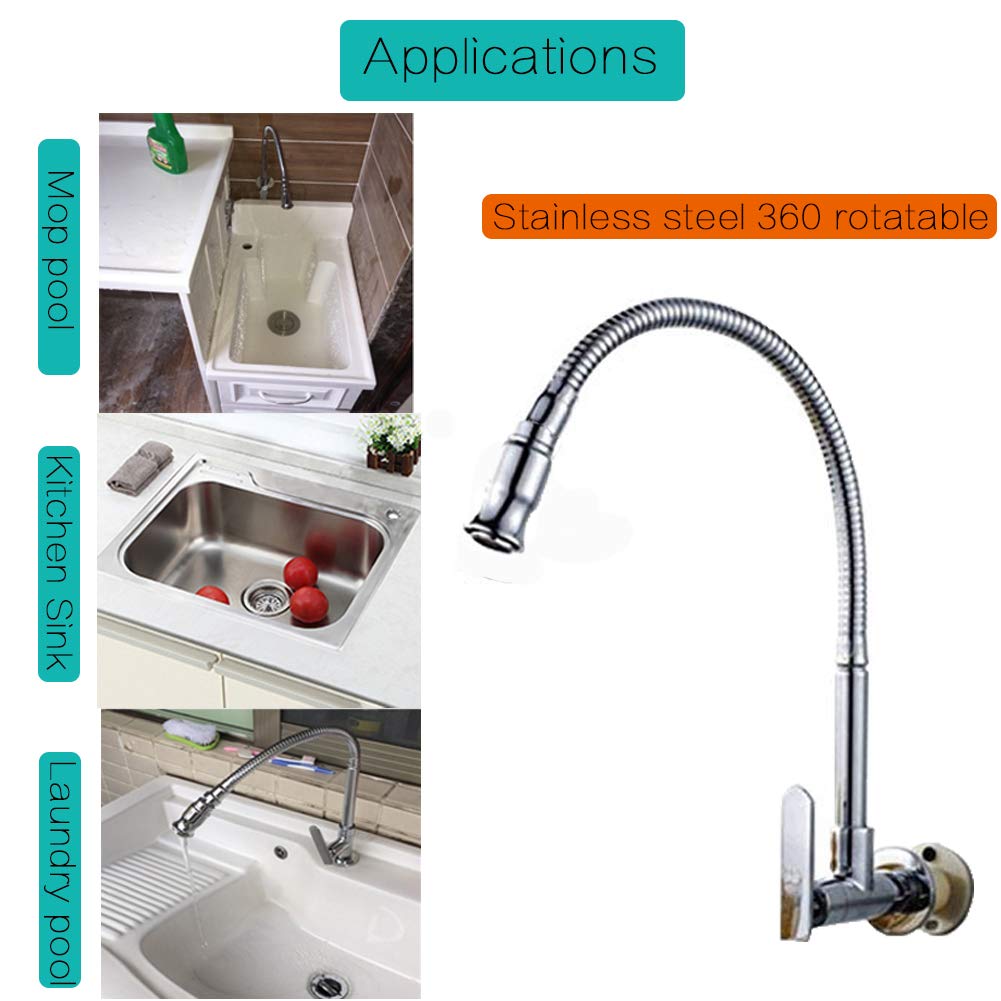 Stohua Kitchen Sink Faucets 360 Rotatable Single Lever Stainless Steel Wall-Mounted Kitchen Tap Ktichen Faucet Chrome Finished
