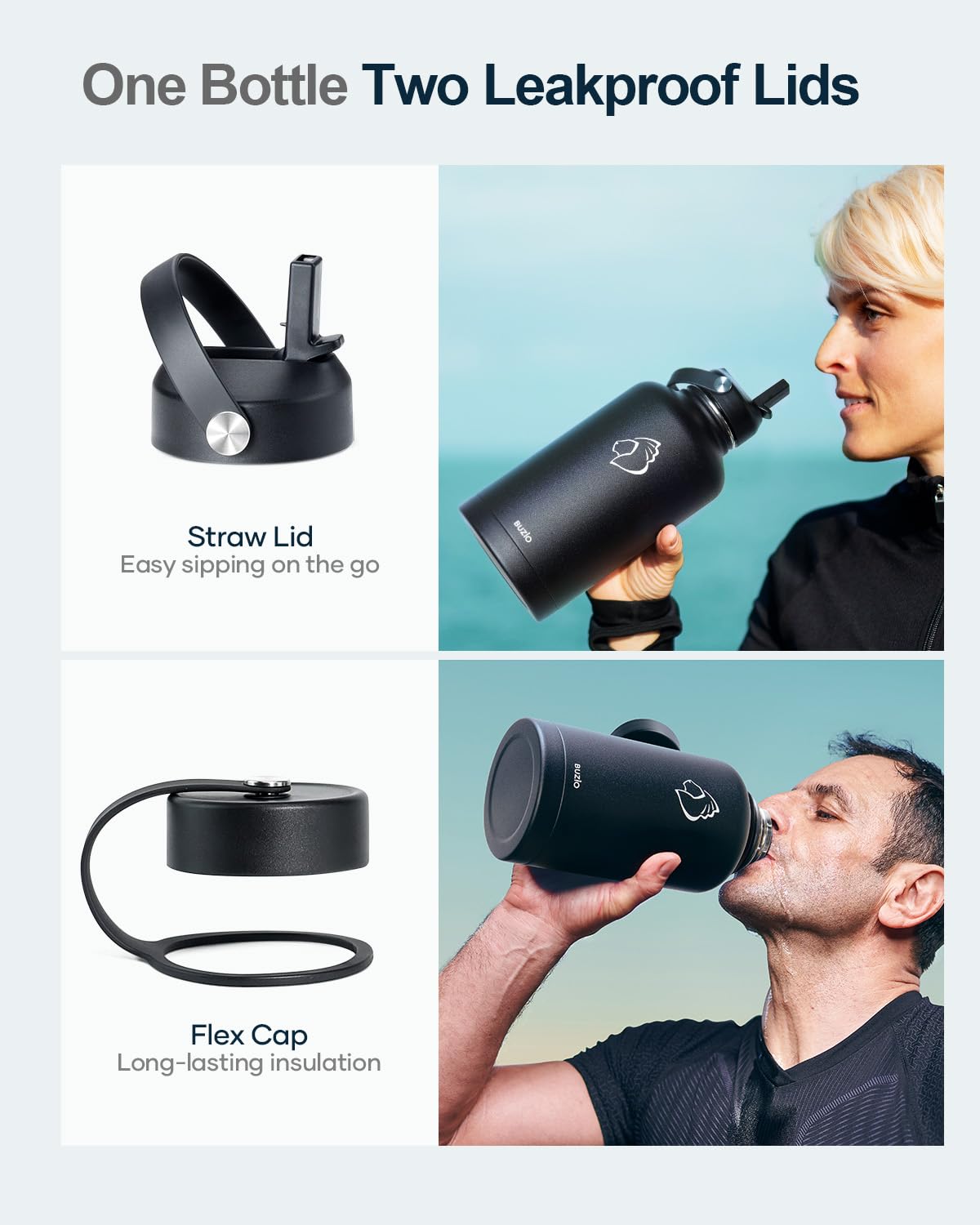 Buzio Vacuum Insulated Stainless Steel Water Bottle 64Oz (Cold For 48 Hrs/Hot For 24 Hrs)