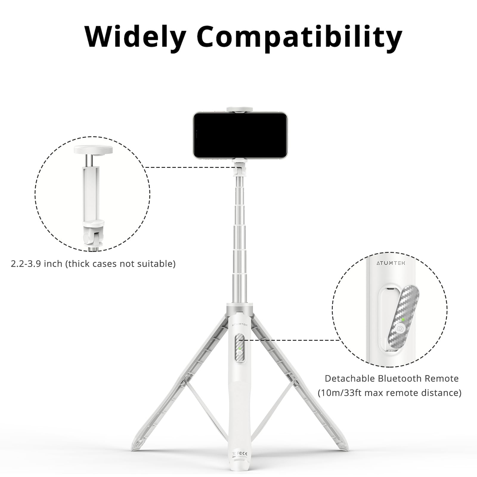 Atumtek 51" Selfie Stick Tripod, All In One Extendable Phone Tripod Stand With Bluetooth Remote 360° Rotation For Iphone And Android Phone Selfies, Video Recording, Vlogging, Live Streaming, White