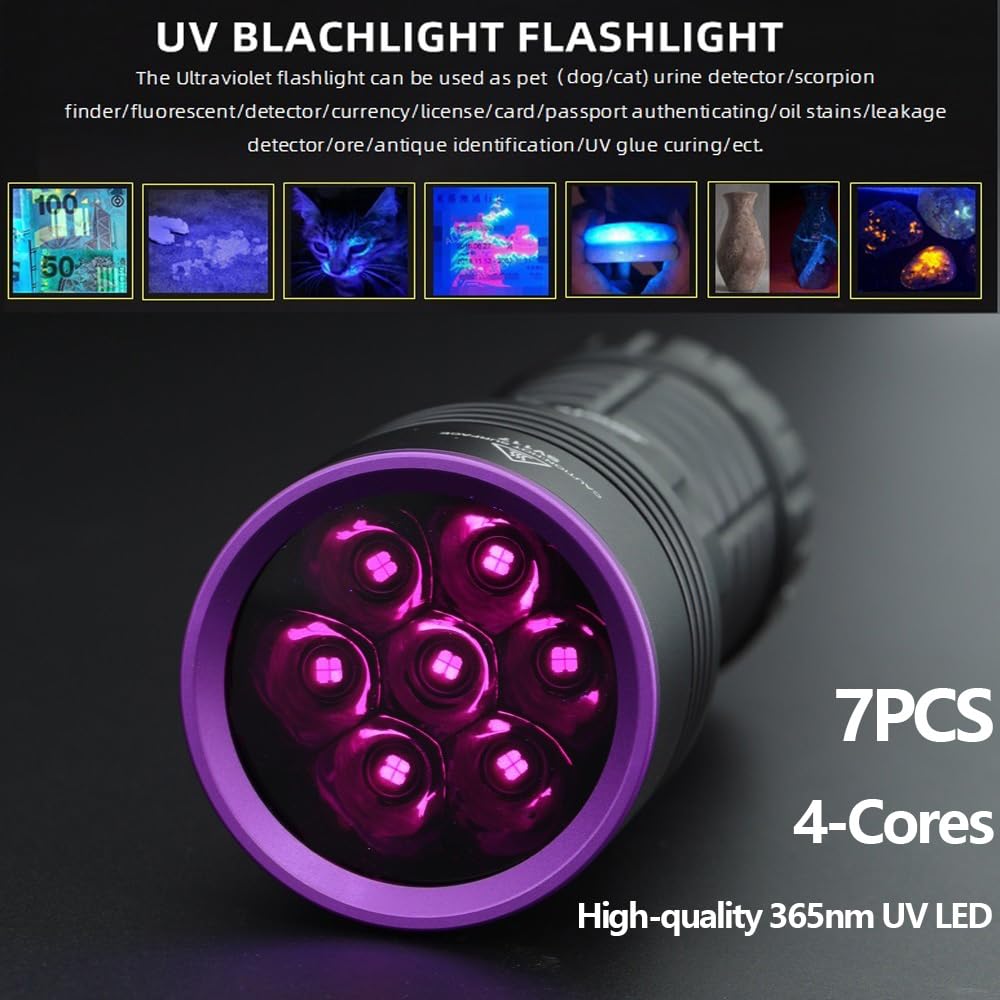 Alonefire Sv117 365Nm Uv Flashlight 70W Powerful Blacklight Digital Display Usb Rechargeable Black Light For Pet Urine Detector, Scorpion, Resin, Bed Bug, Fishing With Uv Protective Glasses, Battery