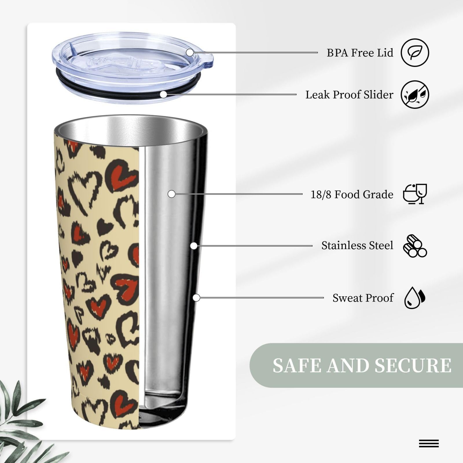 Heart Leopard Tumbler,Leopard 20Oz Stainless Steel Insulated Travel Tumbler,Travel Coffee Mug