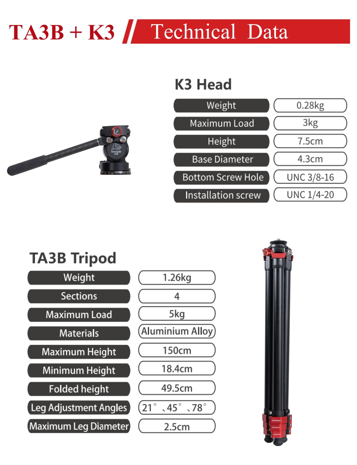 Ifootage Travel Tripod Ta3B With K3 Fluid Head, Professional Travel Video Tripod Kit For Canon Nikon Sony Olympus Panasonic Dslr Camera
