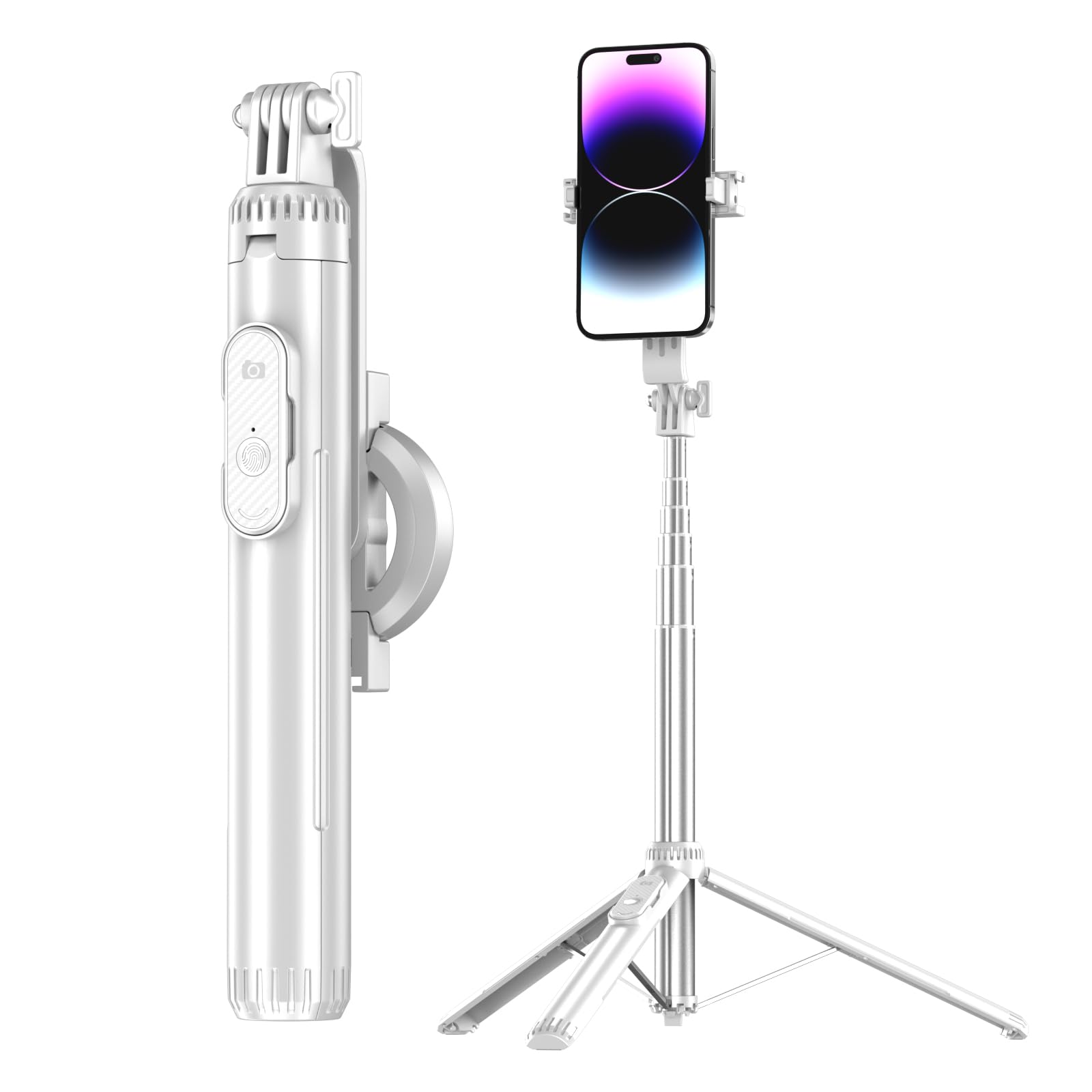Unillqss 60 Inch Magnetic Selfie Stick Tripod, Adjustable Cell Phone Grip And Portable Stand With Metal Ring And Remote Control For Selfies And Gopro Video Recording White