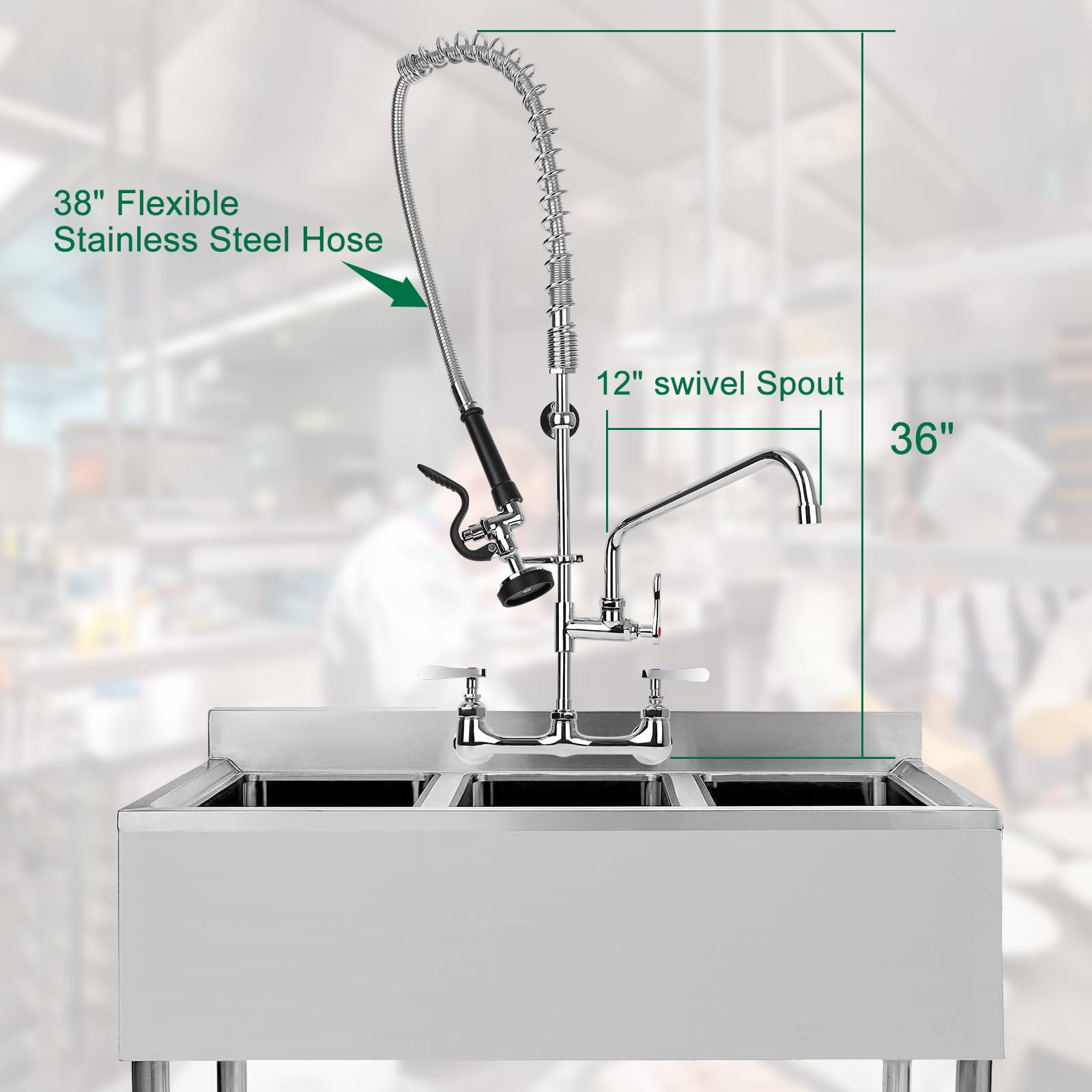 Kwode 36” Height Commercial Kitchen Faucet Wall Mount With Sprayer 8”Adjustable Center Restaurant Pre-Rinse Faucet With 12” Swing Spout And Pull Down Spray For 2/3 Compartment Sinks, Chrome Polished