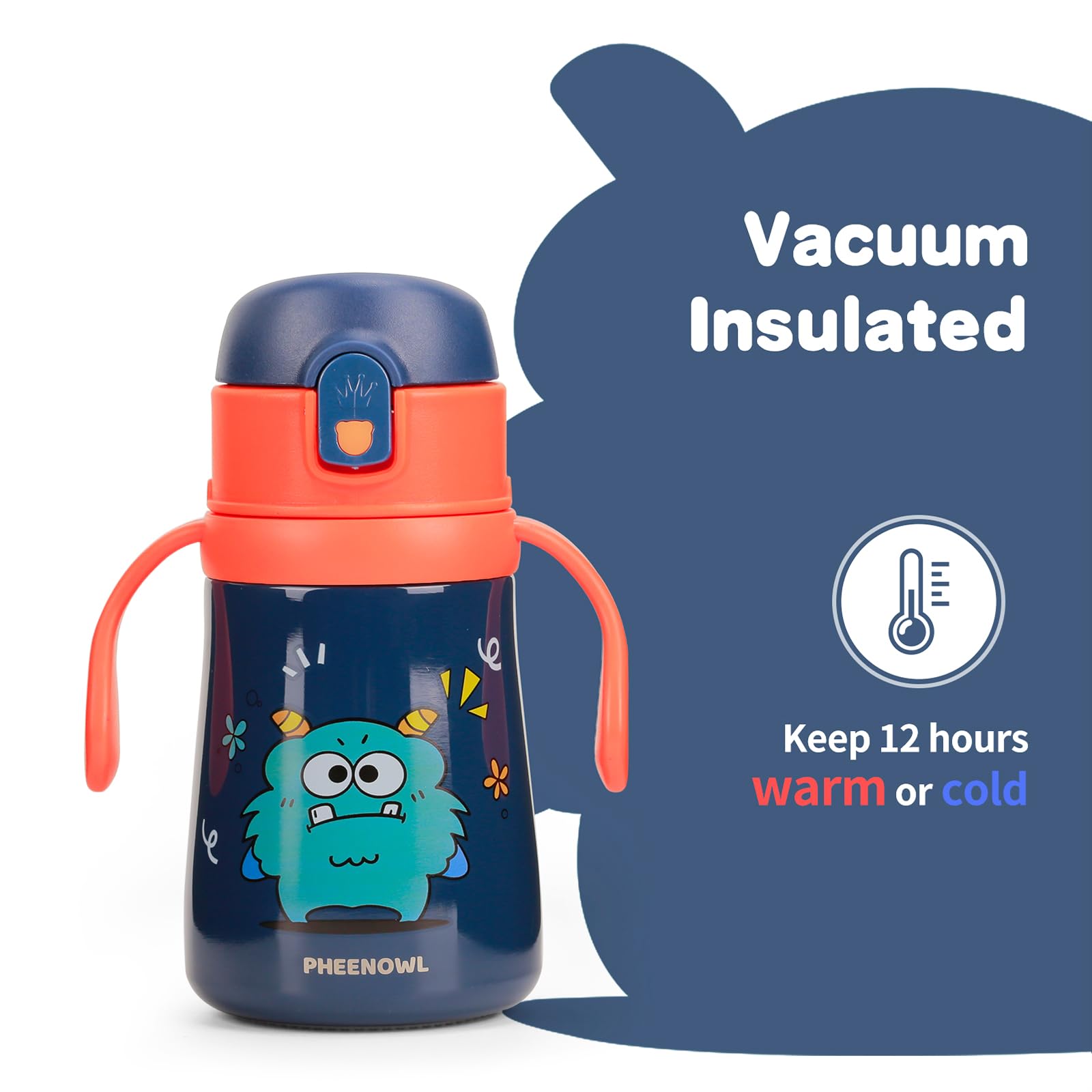 12 Oz Kids Insulated Water Bottle With Straw Lid Handles & Strap - Sus 316 Stainless Steel Leak Pro