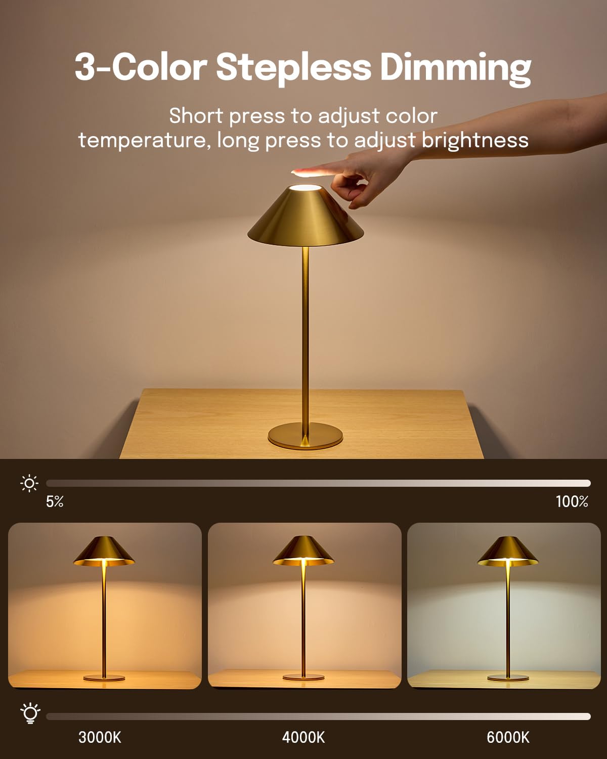 Lalavon Cordless Table Lamp Gold, 3 Color Stepless Dimming Rechargeable Touch Lamp, Small Table Lamp Battery Operated Lamp For Home/Restaurant/Bedroom Lalavon
