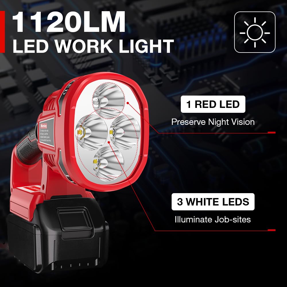 Dteztech 12W 1120Lm Led Work Light For Milwaukee 18V Lithium-Ion Battery, Rechargeable Flashlight Spotlight With Usb Port, 18V Tool With Red Night Vision Light…