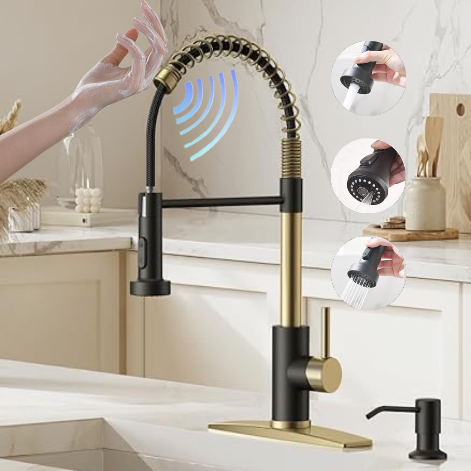 Videc Smart Touch On Kitchen Faucet, 3 Modes Pull Down Sprayer, Sensor Activated, Ceramic Disc Valve, 360-Degree Rotation, 1 Or 3 Hole Deck Plate. 5-Year . (Kw-62Gr, Brushed Gold/Black)
