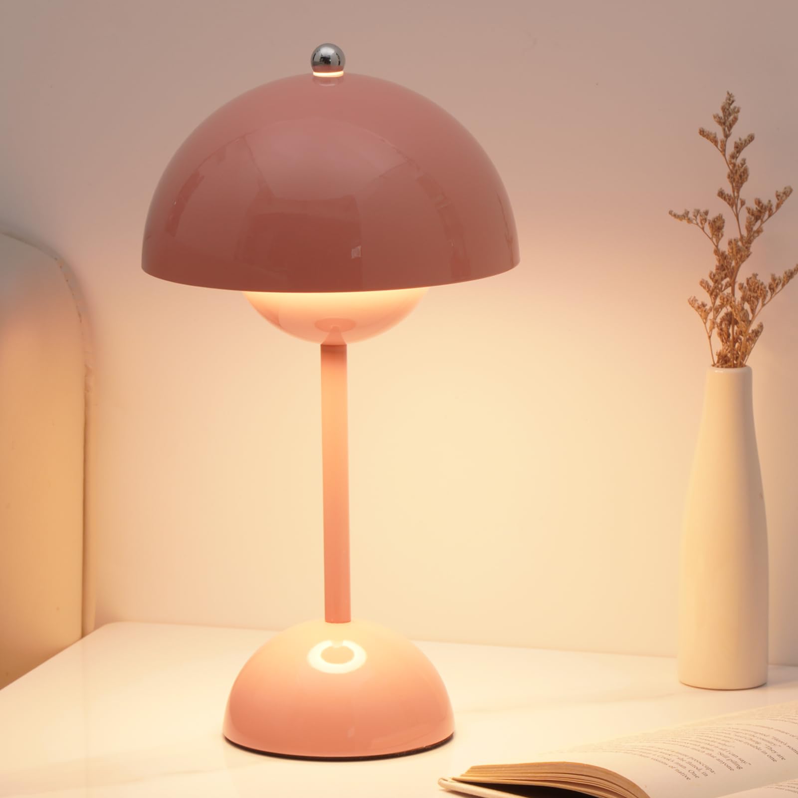 Nusogon Flowerpot Cordless Lamp, Dimmable Rechargeable Touch Lamp, Battery Operated Lamp, Cute Mushroom Small Lamp For Nightstand, Modern Table Lamp For Indoor Outdoor(Pink