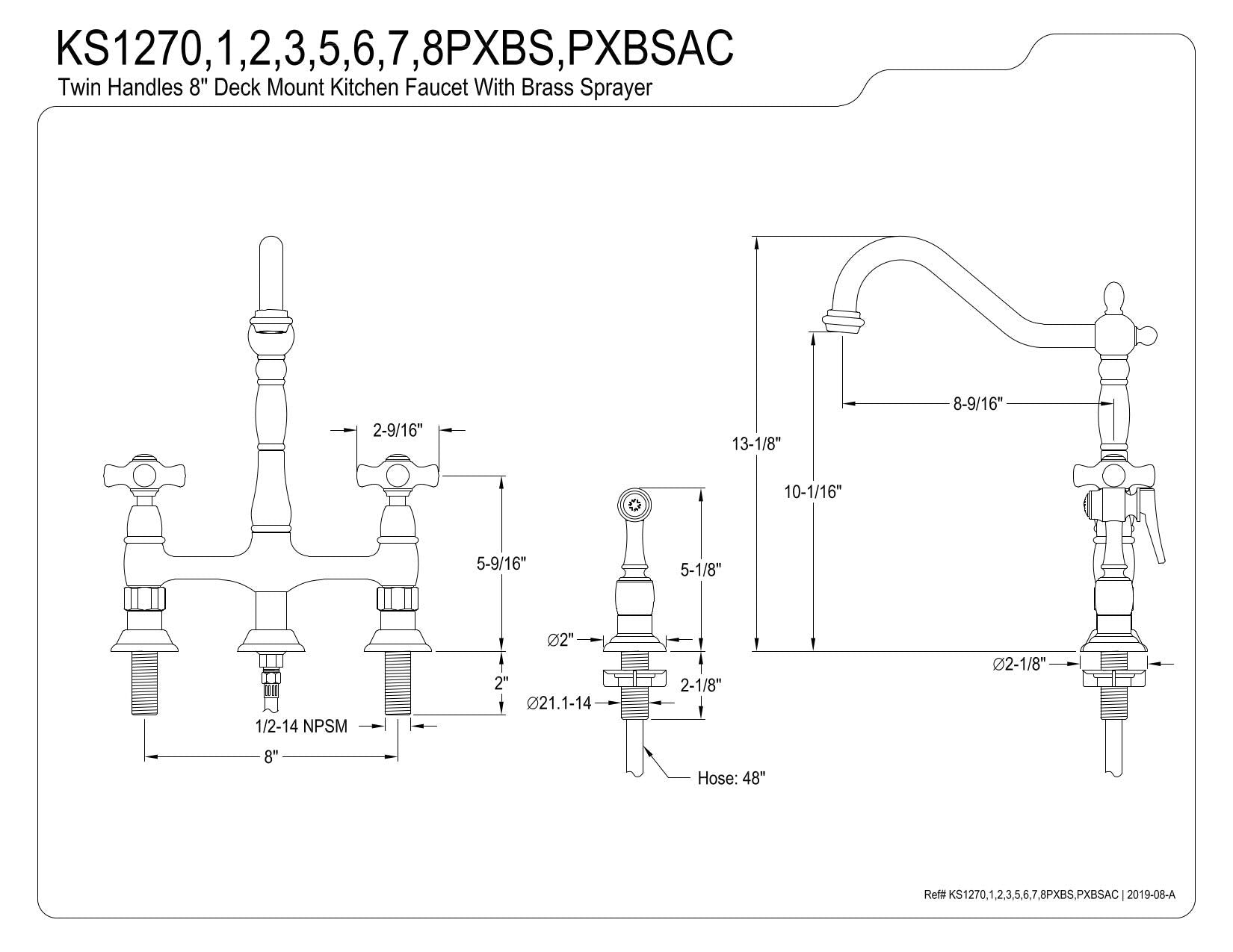 Elements Of Design Kingston Brass Es1273Pxbs Orleans 8' Center Kitchen Faucet With Side Sprayer, 8-3/4', Vintage Brass