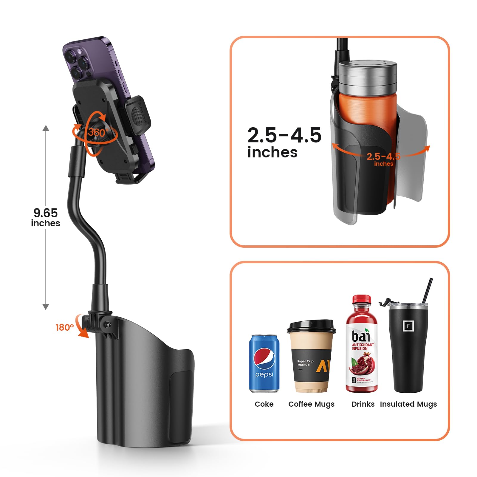 Toocki Cup Holder Phone Mount For Car, Universal 360° Adjustable Gooseneck Cell Phone Cup Holder Expander For Car Truck Compatible With Iphone Samsung & All Smartphones