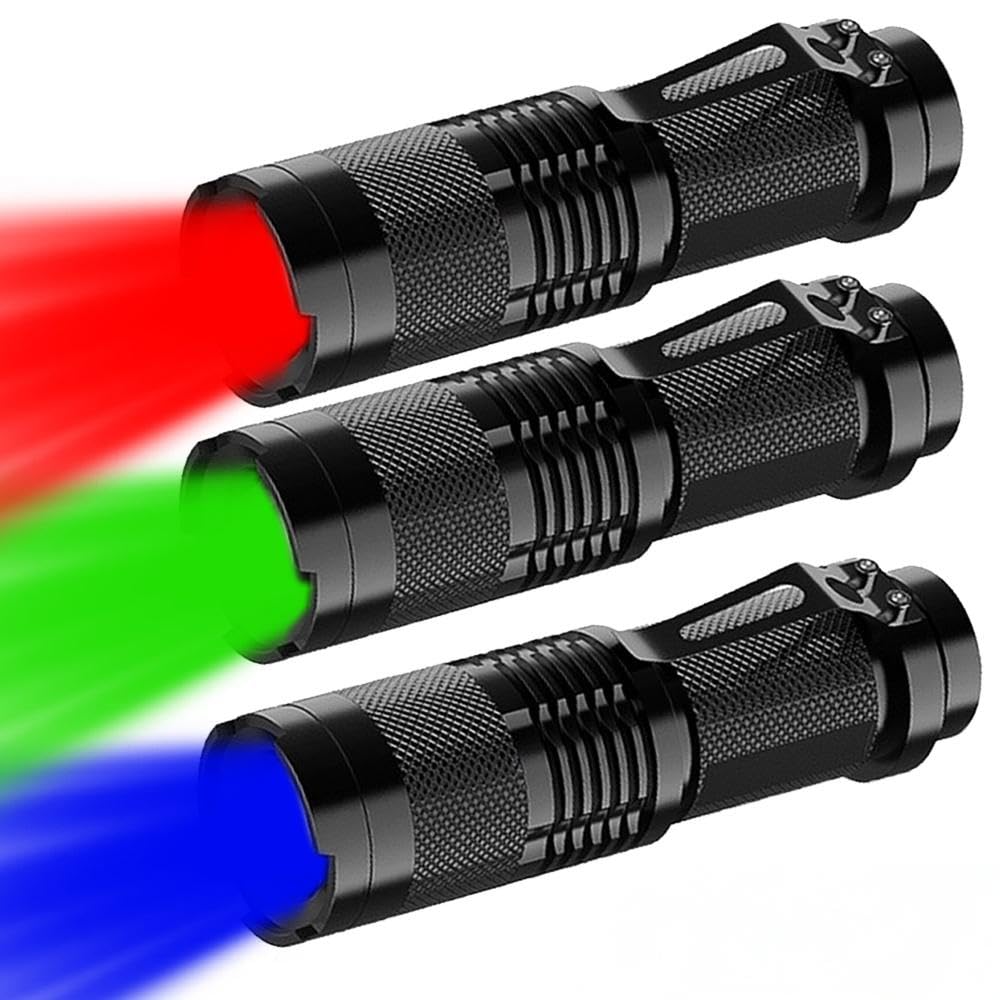 Modoao Red, Blue, Green 3 Pack Led Flashlights, Three Modes With Clip Zoomable Torch Waterproof High Luminous Light, Used For Outdoor Camping, Home Lighting, And Emergency Rescue