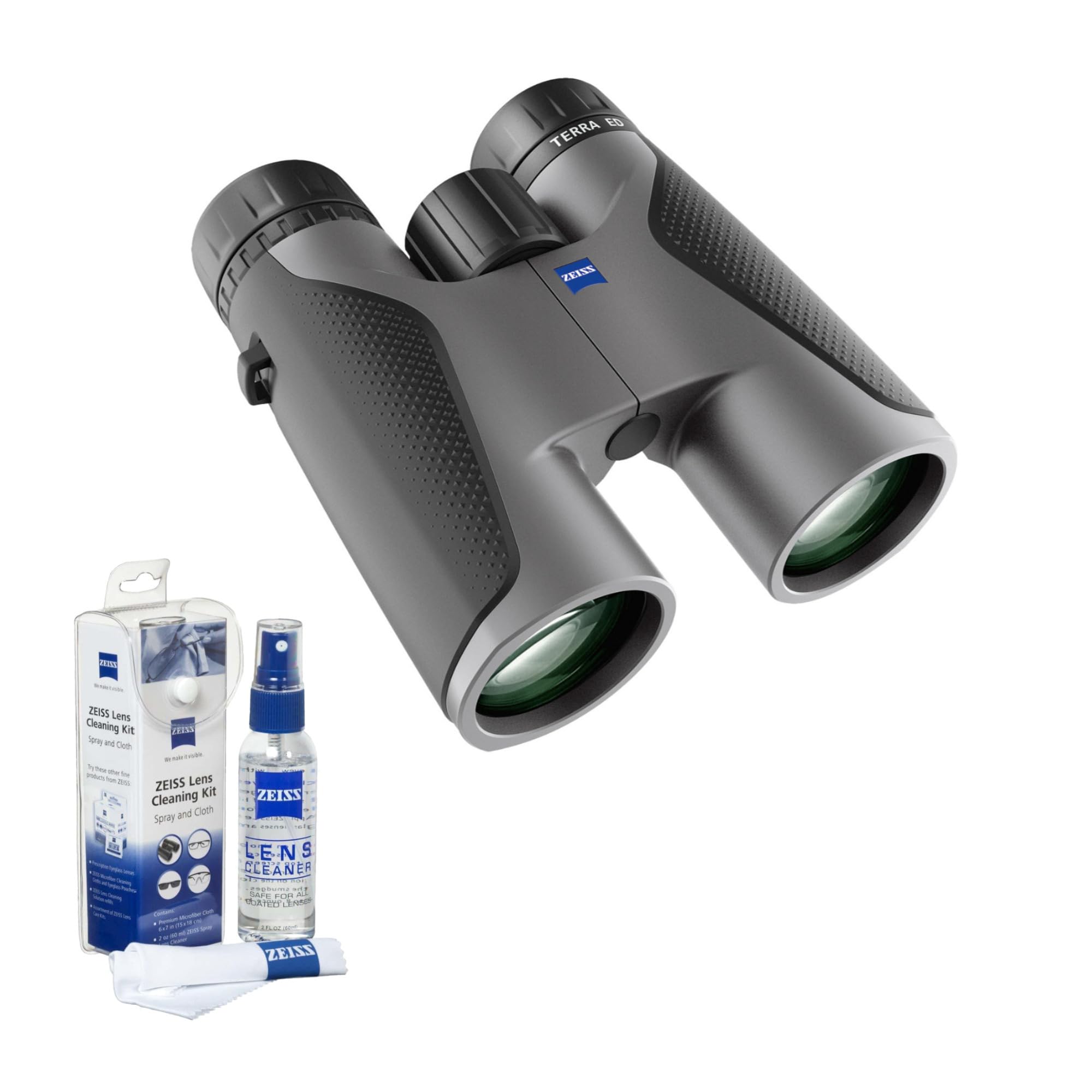 Zeiss Terra Ed 10X42 Lightweight Compact Bright Uhd High Power Binoculars (Gray) Bundle With Spray And Microfiber Lens Care Kit (2 Items)