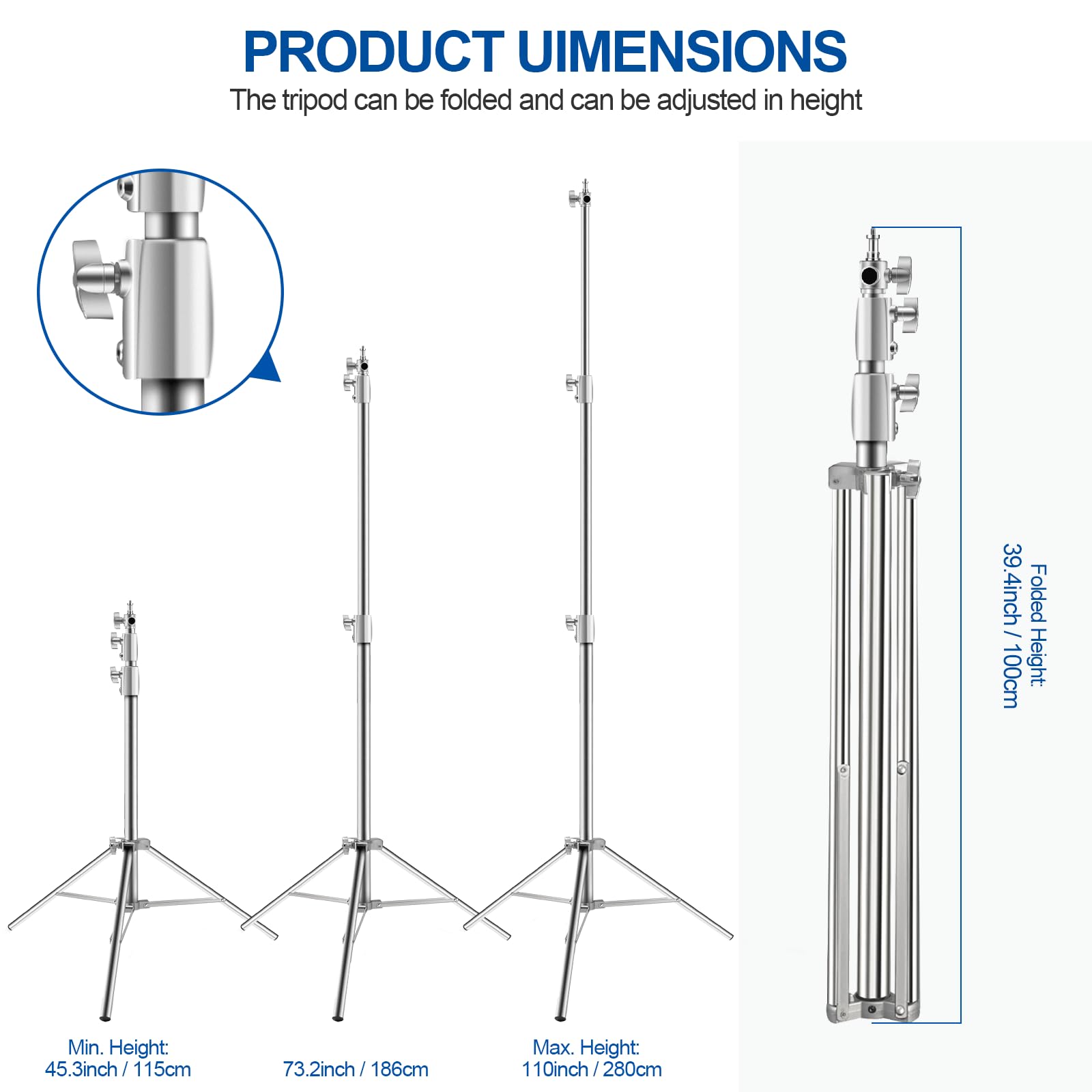 Wellmaking Stainless Steel Photography Light Stand 9.2Ft/280Cm.Spring Cushioned Heavy Duty Tripod Stand With 1/4”To3/8” Screw Adapter And Tilt Swivel Mount For Strobe, Video Light,Ring Light,Monolight