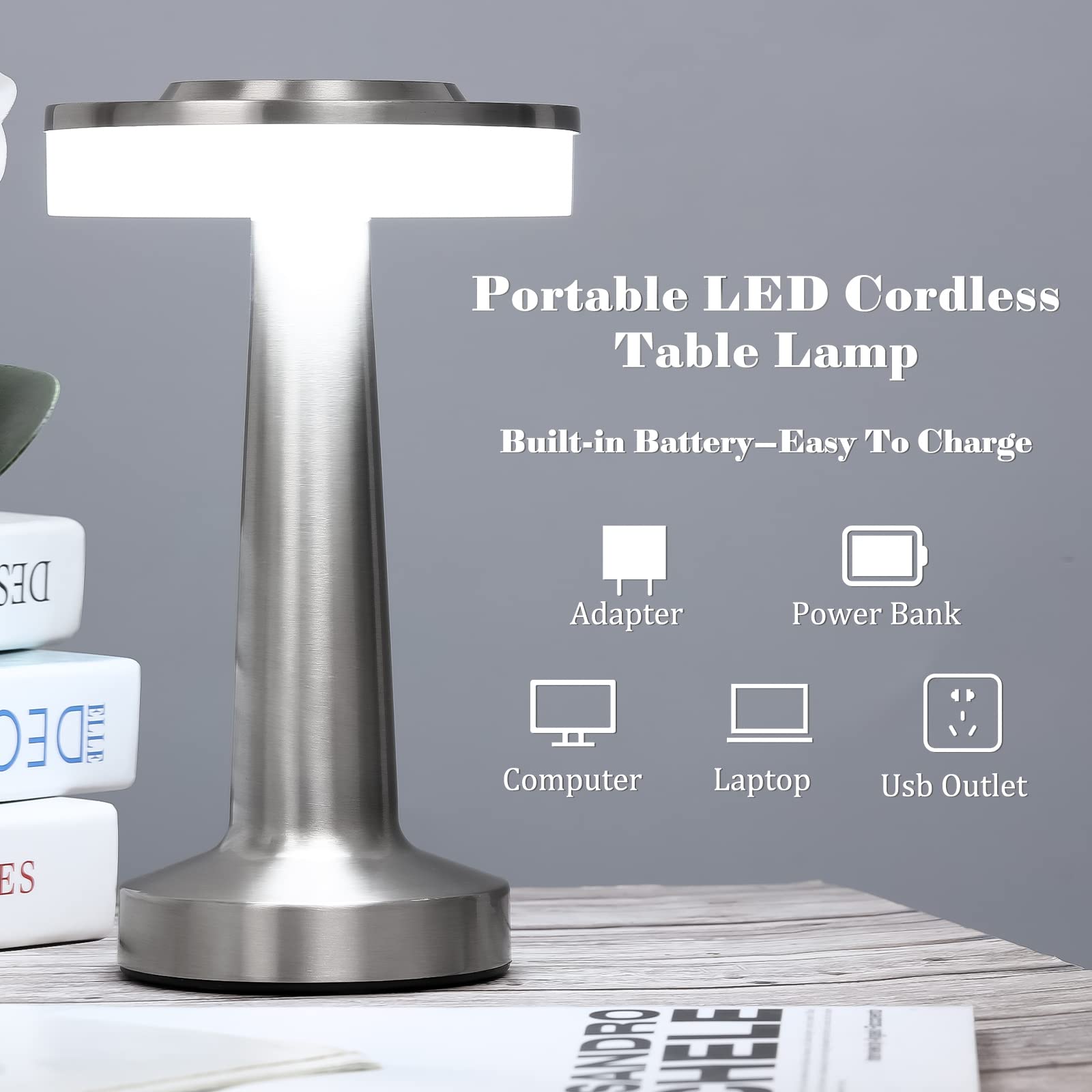 Riakrum Set Of 2 Led Portable Cordless Table Lamp With Touch Sensor 3 Color Stepless Dimming Rechargeable Battery Up To 15 Hours Cordless Table Light Wireless Lamp For Nursery(Silver)