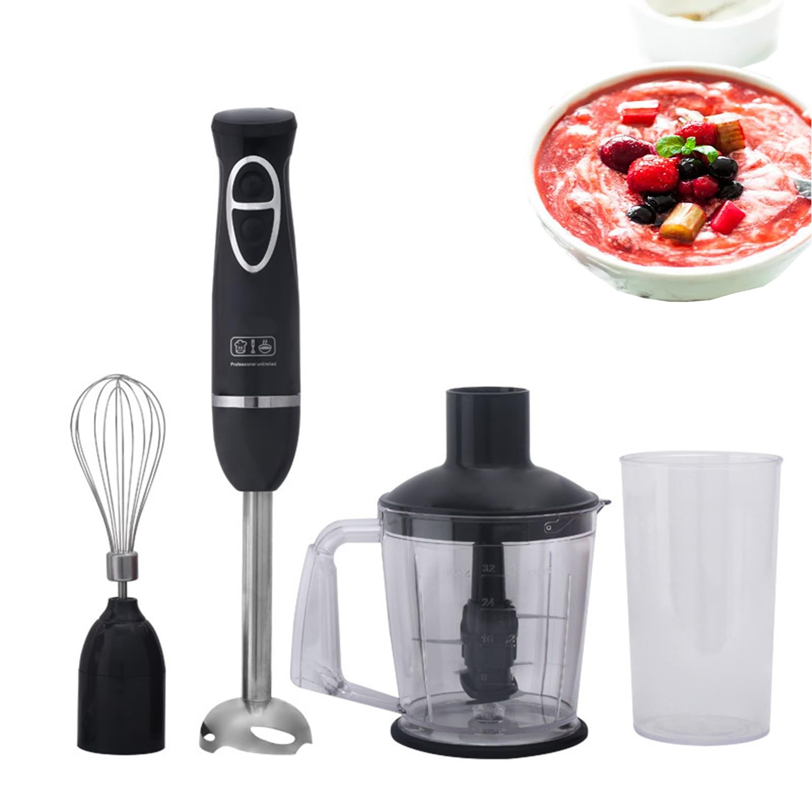 Uniqus Handheld Immersion Blender With 2-Speed Stirrers Electric Whisk Kitchen Essentials Set For Food Sauces Soups Includes Egg-Beater, Muddler, Cuisine Cup, Chopped Meat Bowl 4-In-1 Hand Blender