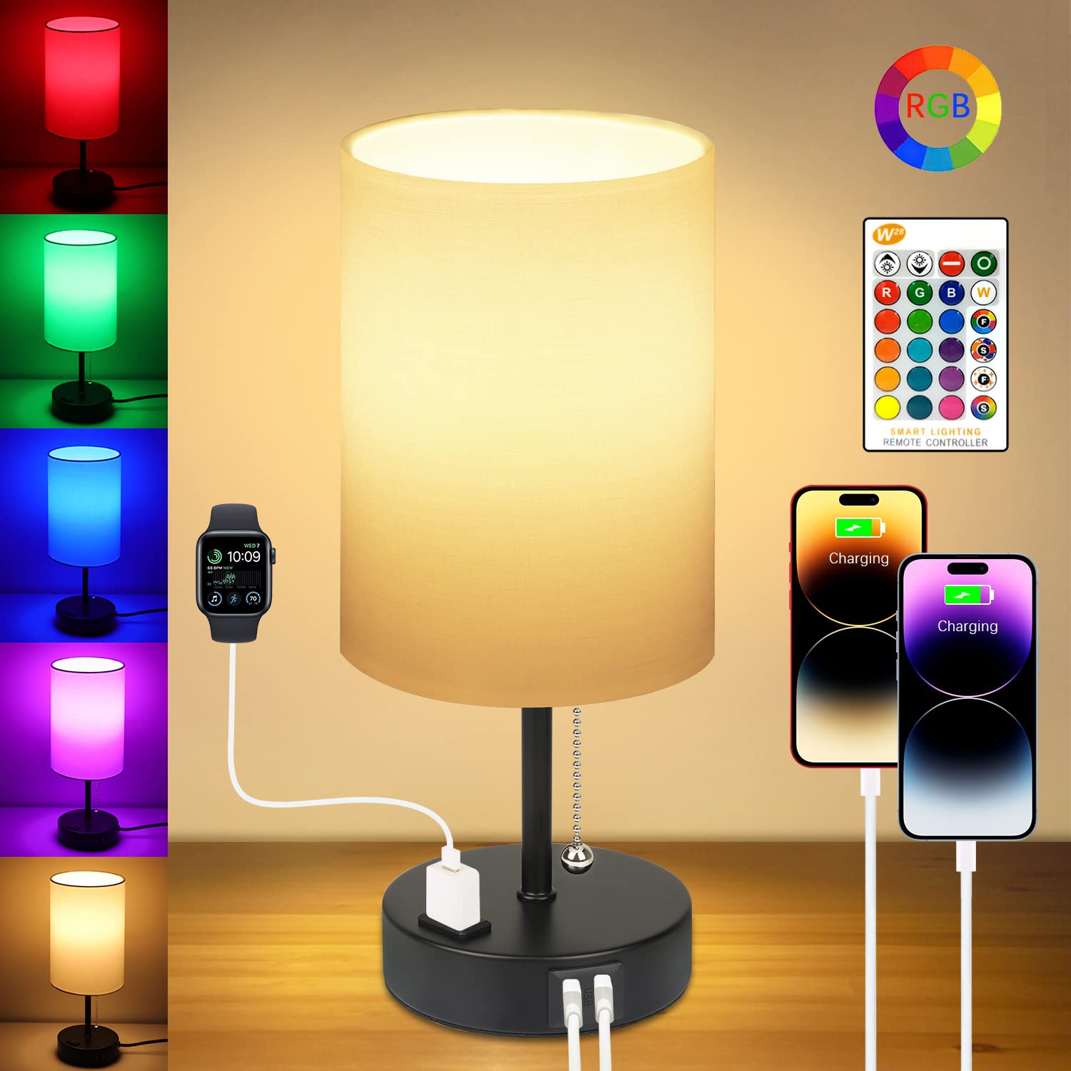 Abboraunt Bedside Table Lamps For Bedrooms Nightstand Lamp Rgb Color Changing Bedside Lamp With 2 Usb Charging Port And Ac Outlet, 3 Way Dimmable Small Modern Lamp For Home Living Room Bedroom Party