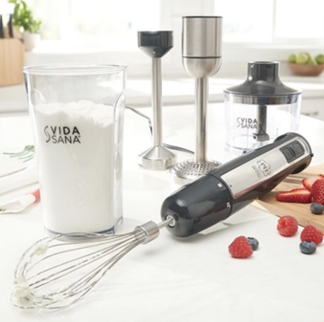 Uniqus Vida Sana 4-In-1 Immersion Hand Blender Set, Stainless Steel With Whisk, Food Processor And Mixing Cup