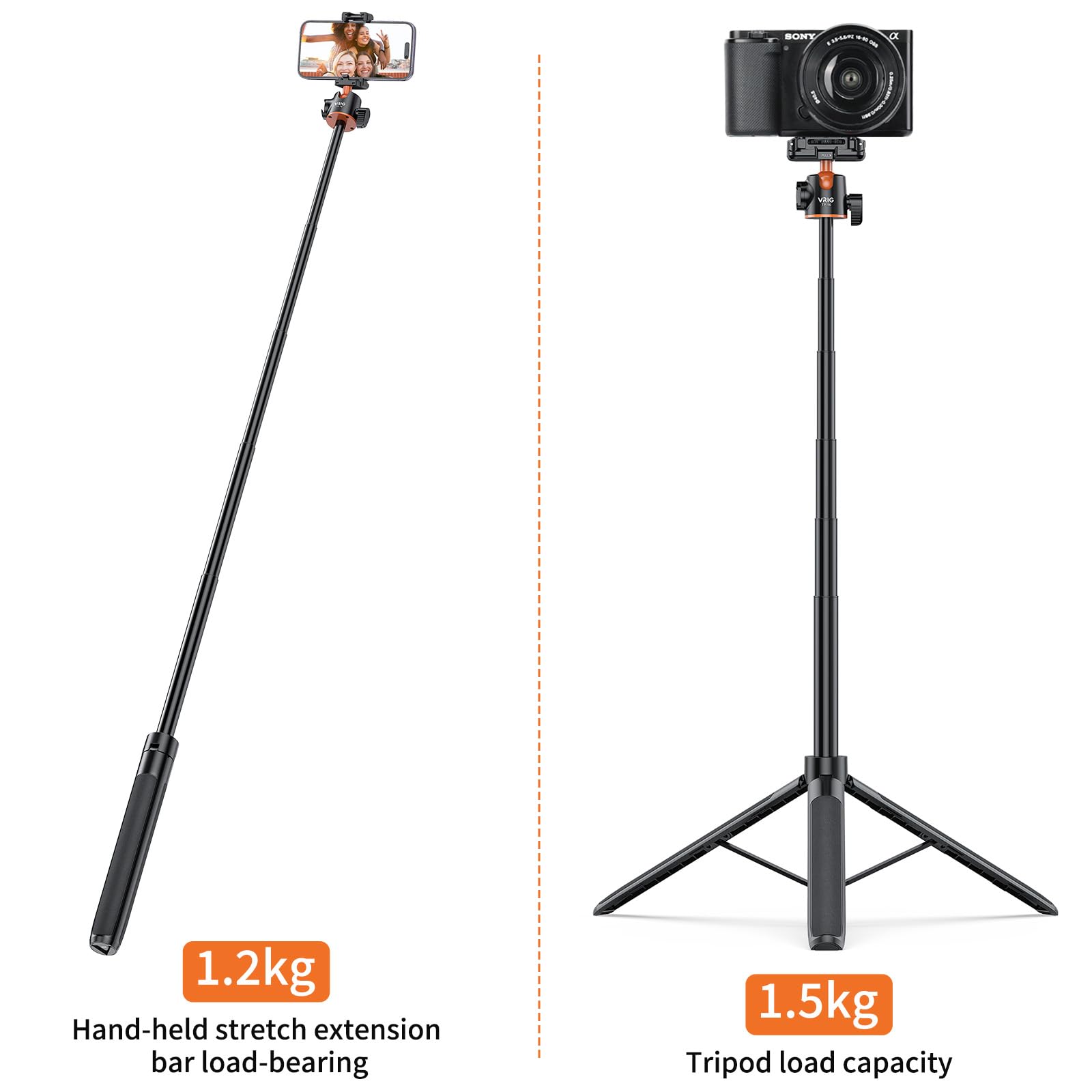 Uurig Vrig 55" Extendable Phone Tripod, 2-In-1 Selfie Stick With Phone Clip And Rotatable Cold Shoe, 360° Ball Head Portable Travel Tripods For Camera, Iphone, Action Cameras, Tp-16