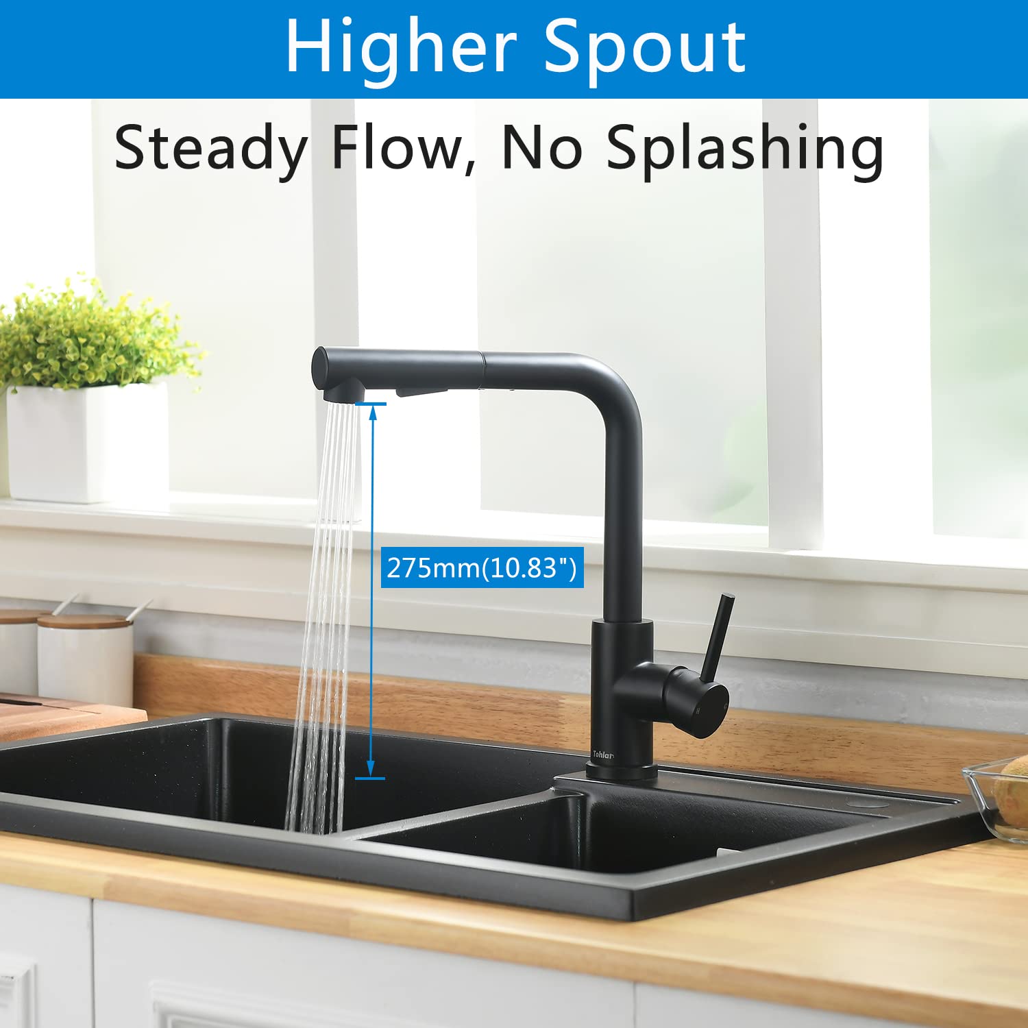Tohlar Black Kitchen Faucet With Pull Down Sprayer, Stainless Steel Kitchen Sink Faucets With Deck Plate For Sink 1 Or 3 Hole, 360° Swivel Pull Out Kitchen Faucet For Rv Laundry Bar (Matte Black)