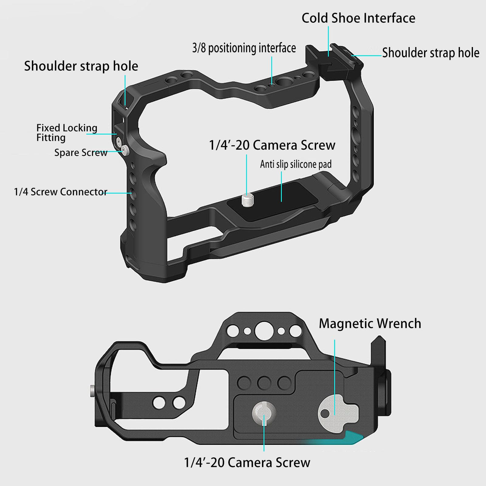 Yunseity Camera Cage, Aluminum Alloy 1/4 3/8 Inch Threaded Video Rig Camera Stabilizer With Cold Shoe Mount Anti Slip Vlogging Case Stabilizer For R50