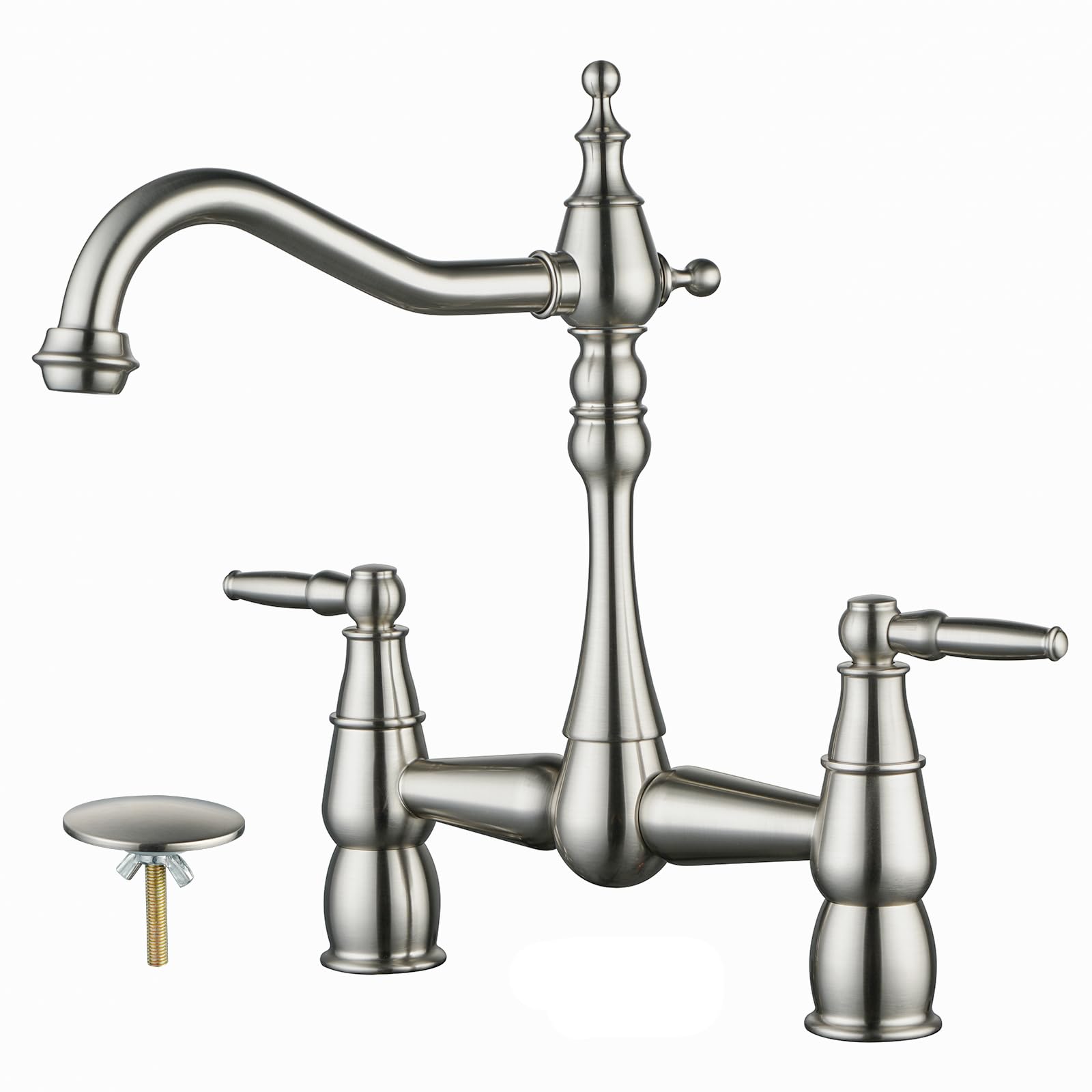 Aleasha Bridge Centerset Kitchen Faucet For Sink, Deck Mount Brass Vintage Farmhouse Kitchen Faucet, 2 Handle 2 Hole 360 Degree Swivel Copper Faucet, Brushed Nickel