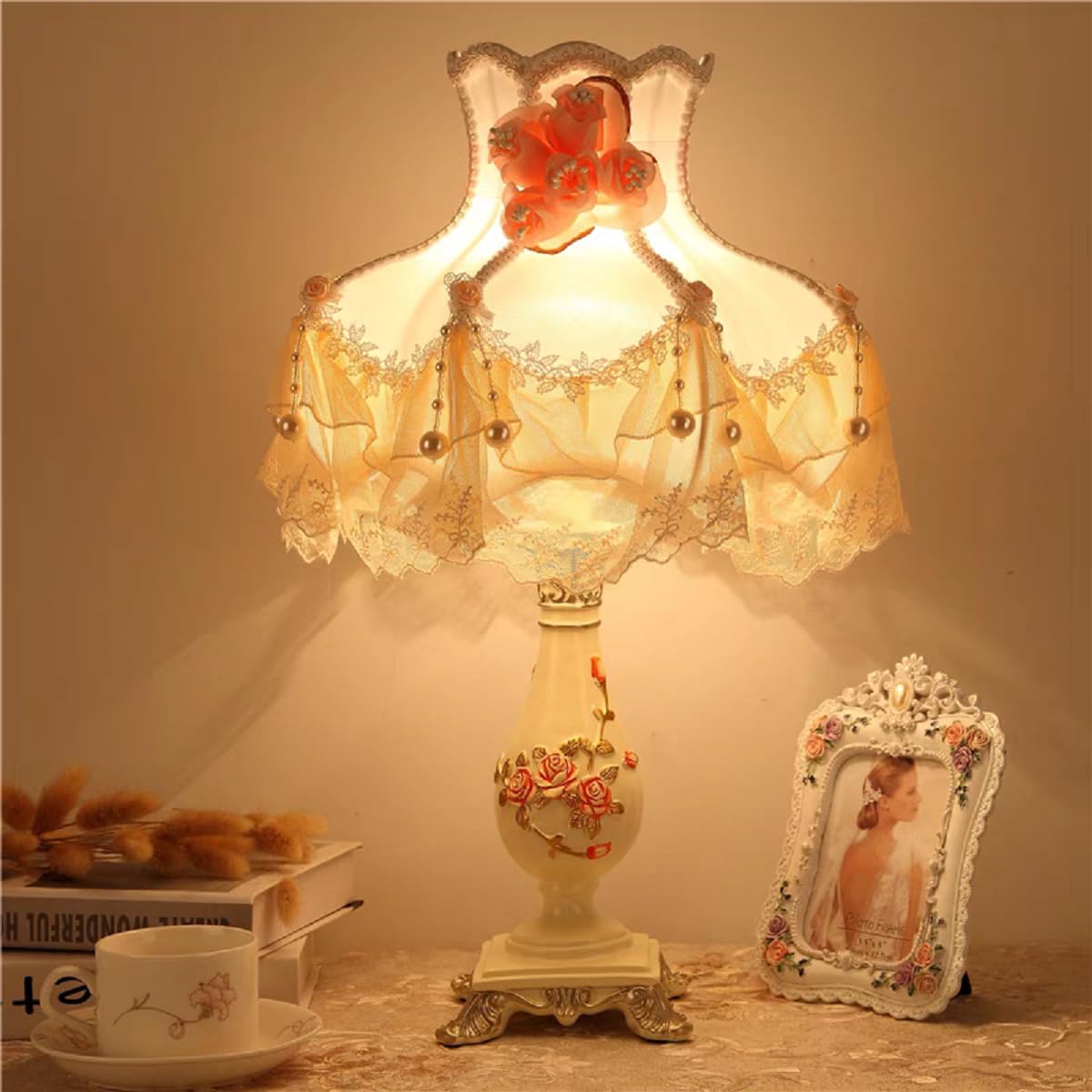 Tfcfl Victorian Lace Fancy Table Lamp, Handmade Fabric Bedside Lamp Light European Style Nightstand Lamp Desk Lamp Antique Painted Resin Base For Bedroom Living Room Office