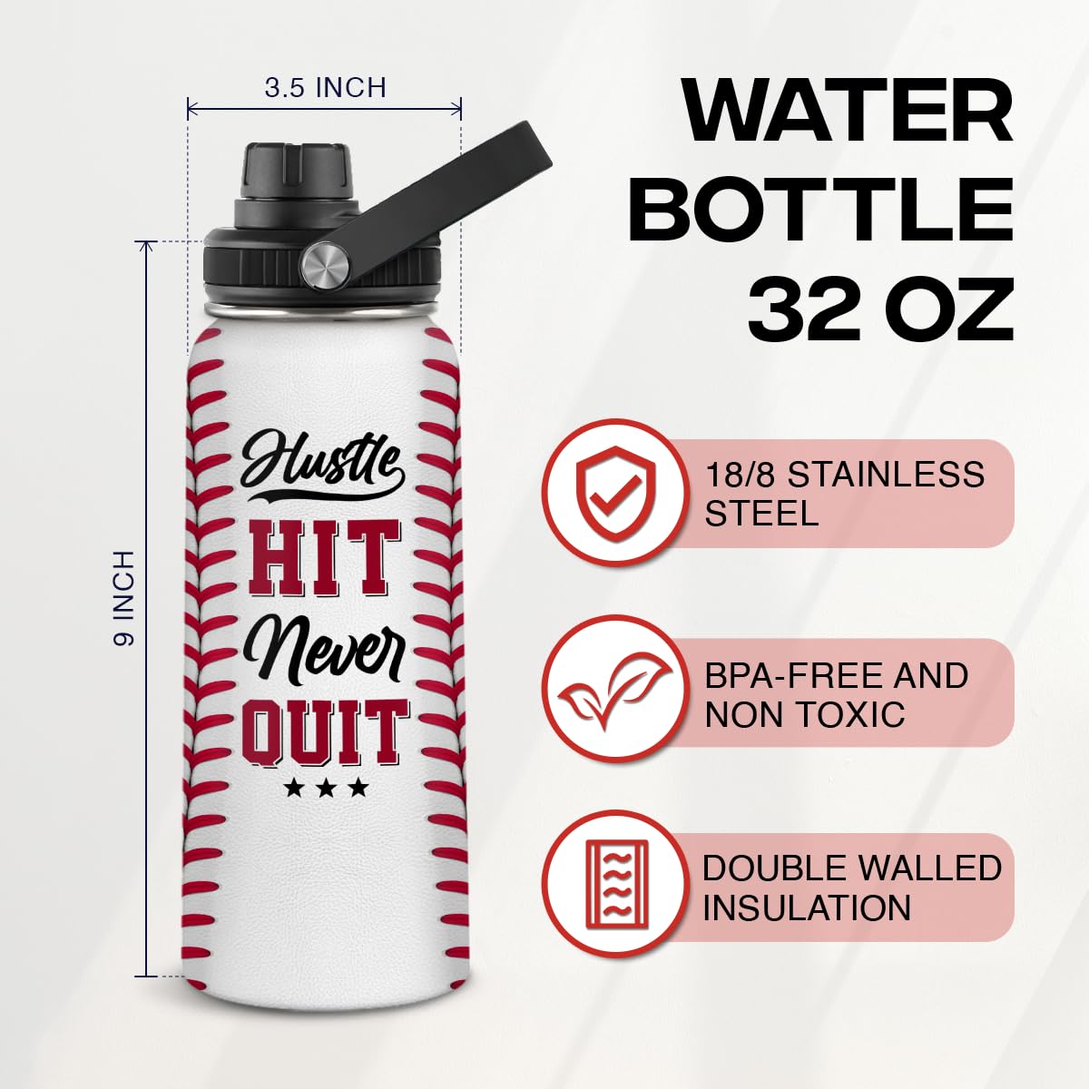 Sandjest Baseball Water Bottle 32Oz Hustle Hit Never Quit Stainless Steel Insulated Bottle