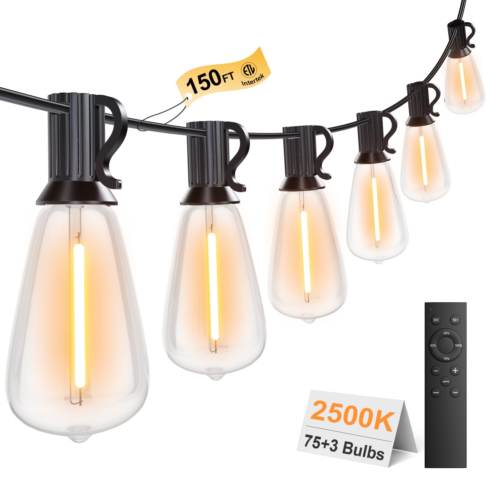 Lapitio 150Ft Outdoor String Lights With Remote, Garden Patio Decor With 2500K Warm White, 75+3 Led Edison Bulbs, Support Timer Dimmable Waterproof Shatterproof For Yard Outside Porch Deck Backyard