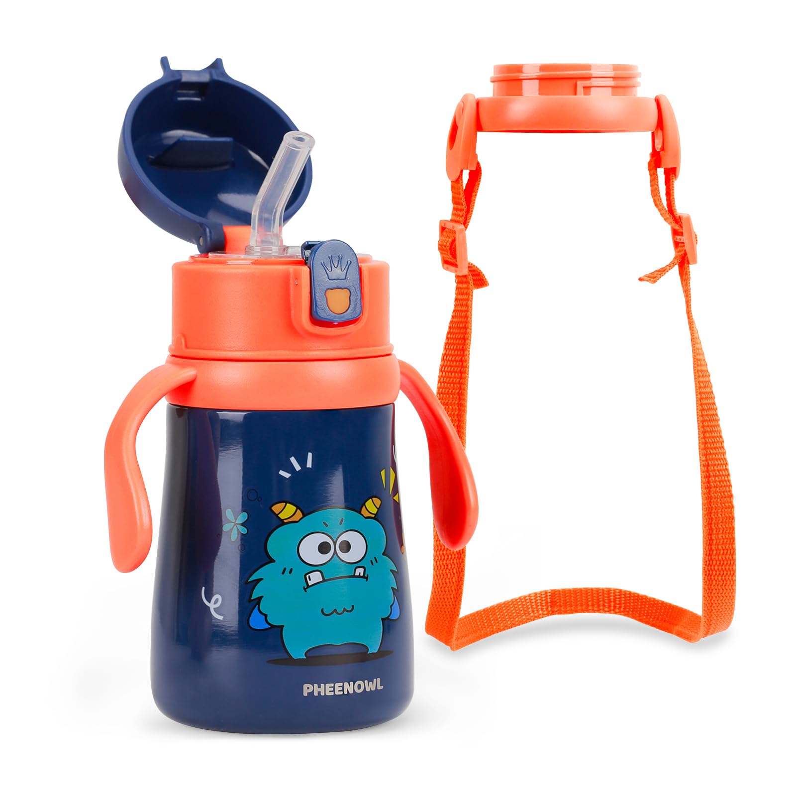 12 Oz Kids Insulated Water Bottle With Straw Lid Handles & Strap - Sus 316 Stainless Steel Leak Pro