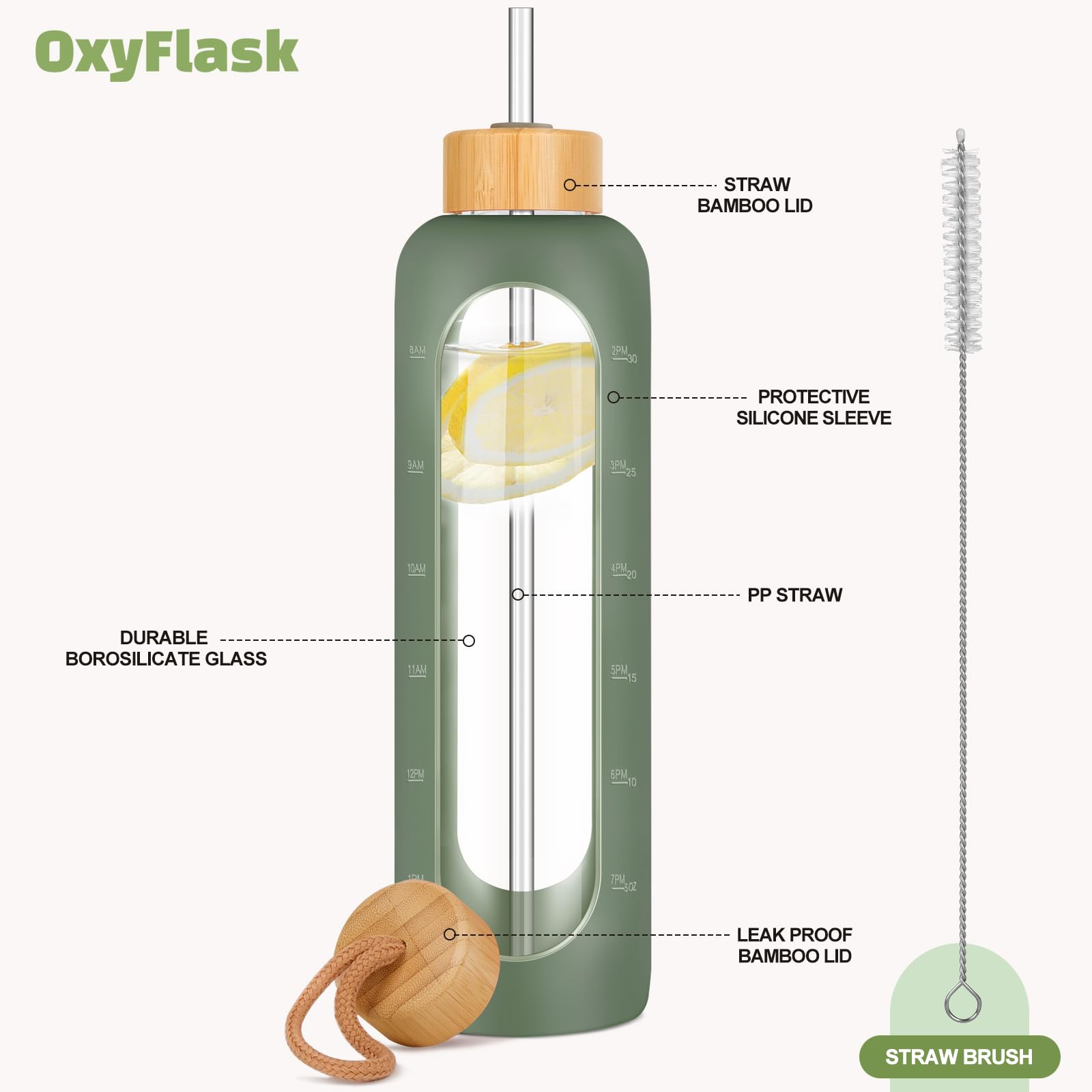 Glass Water Bottles 32 Oz - Motivational Drinking Glass Water Bottle With Silicone Sleeve, Straw