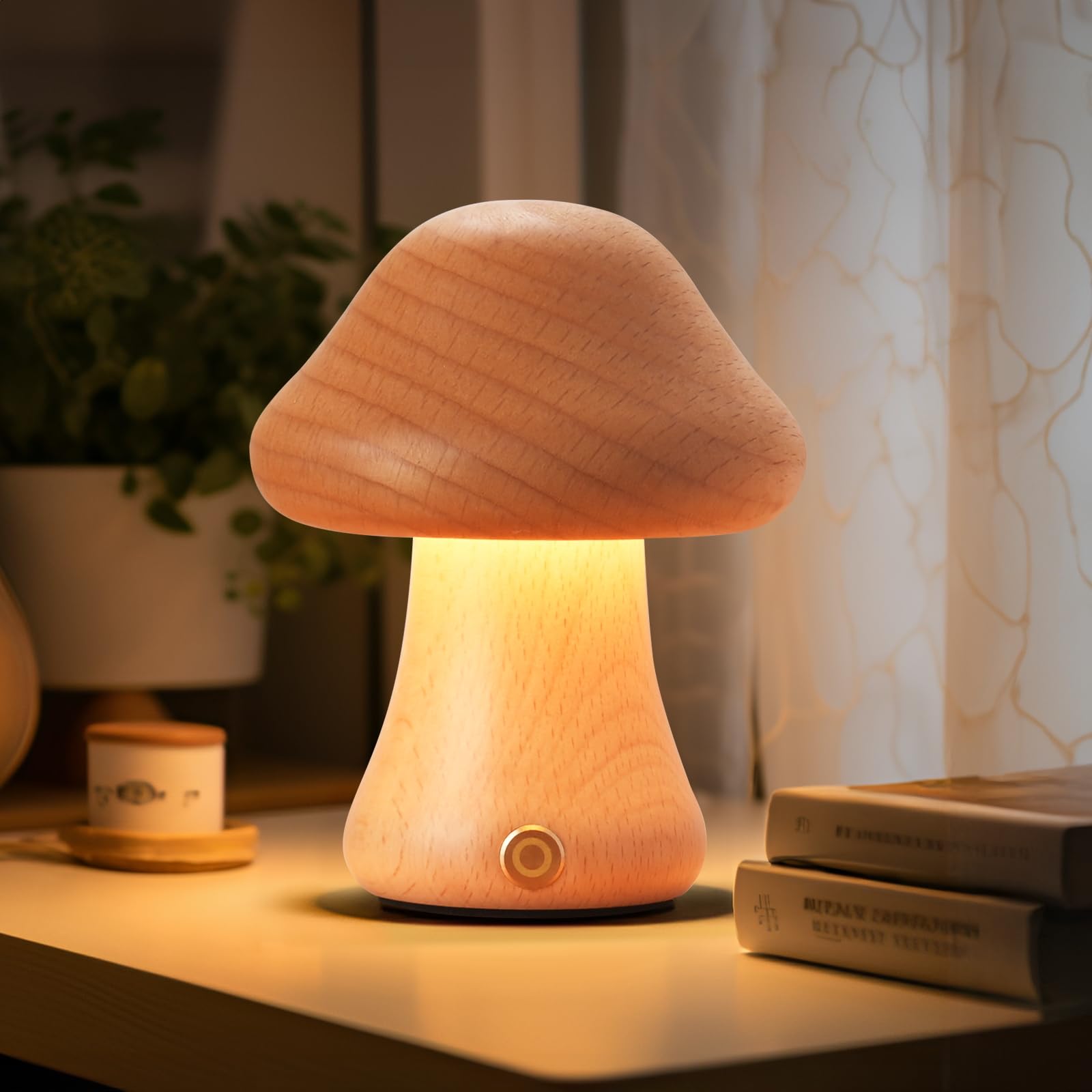 Lonrisway Creative Wood Mushroom Table Lamp, Led Desk Lamp, Bedroom Bedside Night Light, Dimmable Led Lighting, Creative Home Decor Table Lamp, Unique House Warm