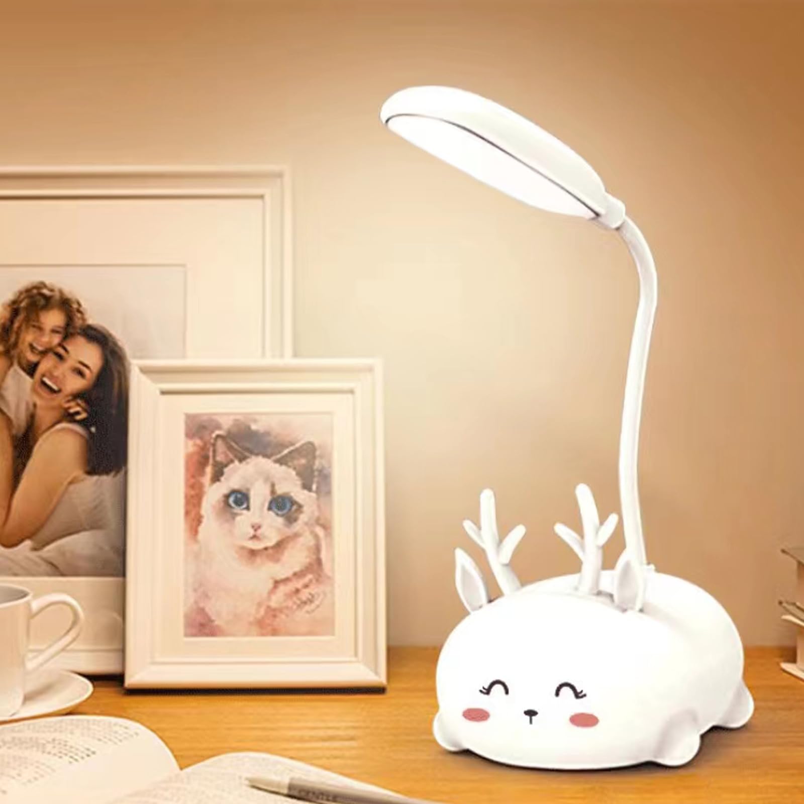 Neioaas Cute Elk Lamp Usb Rechargeable Reading Light,Led Desk Lamp For Kids, Portable Led Table Light, Flexible Gooseneck Eye-Care Cartoons Small Desk Lamp Girls (White)