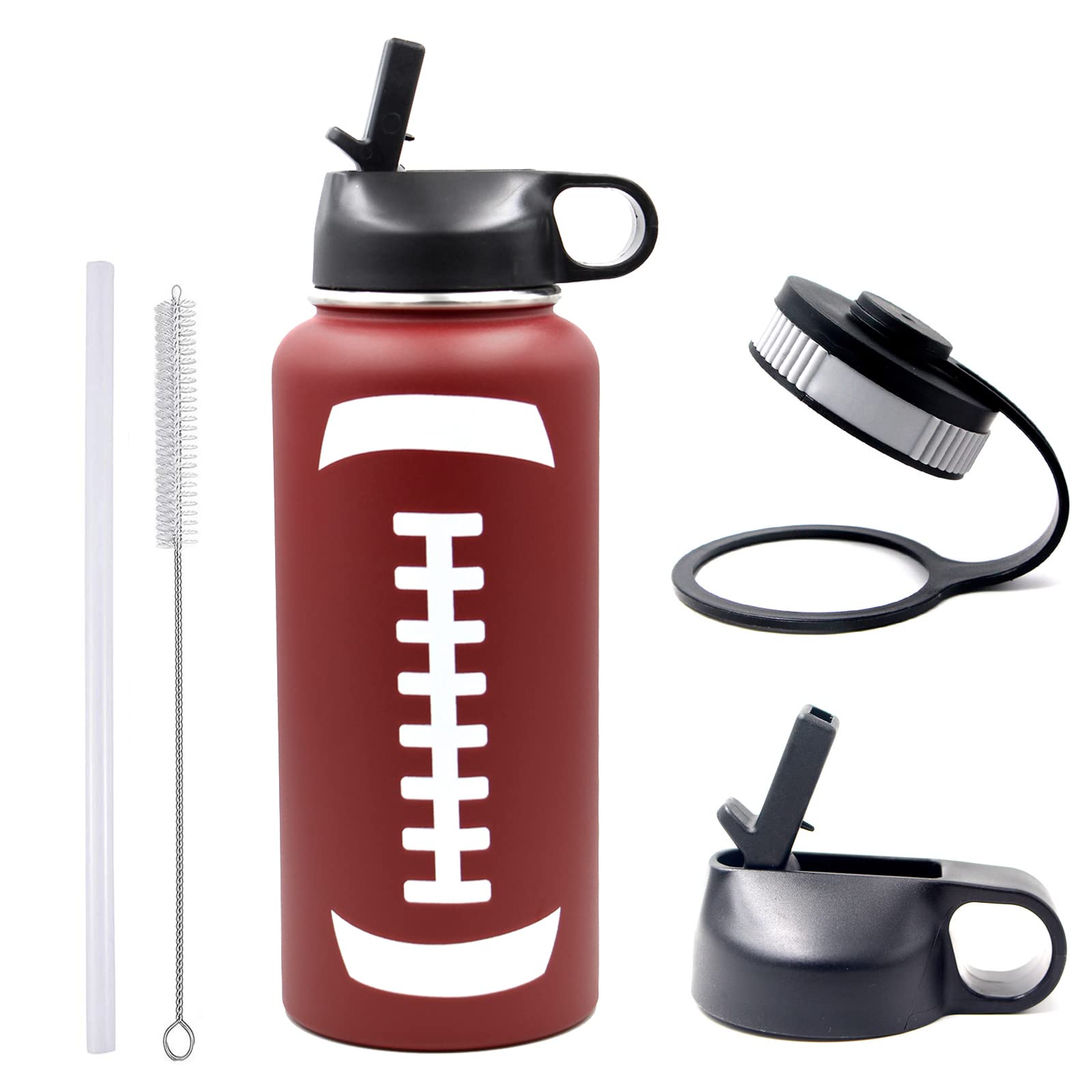 Football Water Bottle, Wide Mouth Metal Thermo Flask With 2 Lids, Stainless Steel Travel Tumbler