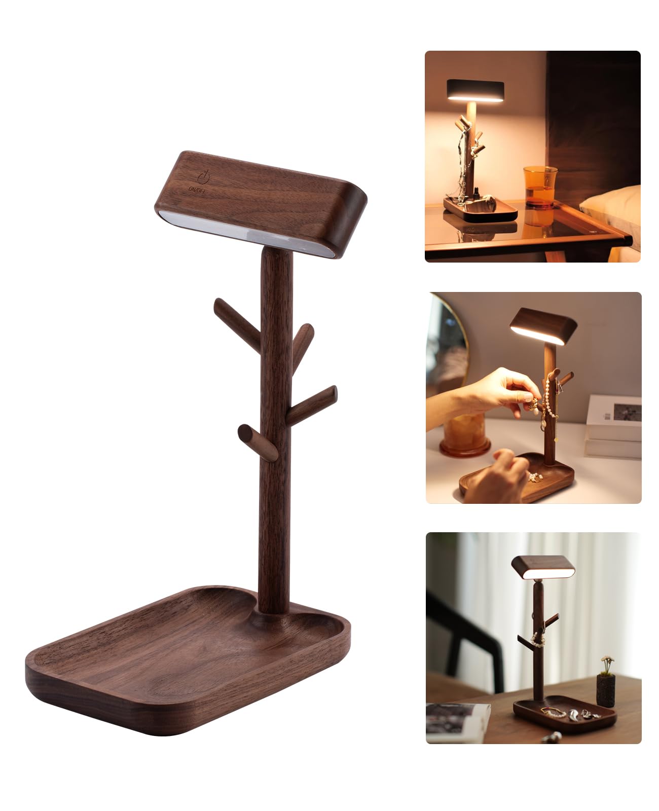 Vadifula Wooden Table Lamp Tree Trunk Wood Column Rechargeable Led Desk Lamps Magnetic 360°Rotate Battery Powered Wall Night Lights For Bedside Living Edge Table (Black Walnut)