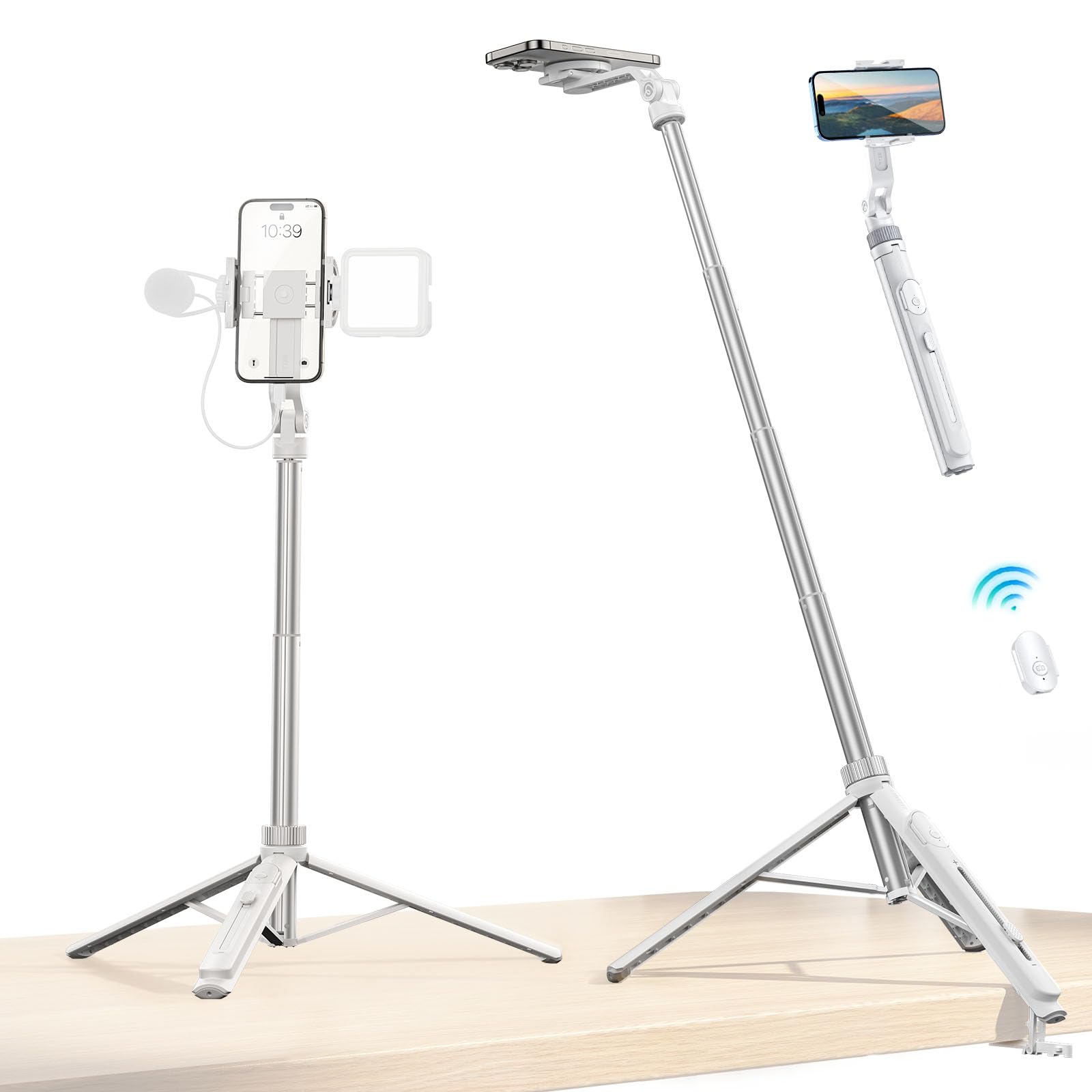 Ulanzi Tt88 Magnetic Tripod For Iphone, 57" Extendable Selfie Stick With Remote, 2-In-1 Phone Clip & Dual Cold Shoe Mounts-Lightweight Phone Tripod Stand For Vlogging, Travel, Video Recording (White)