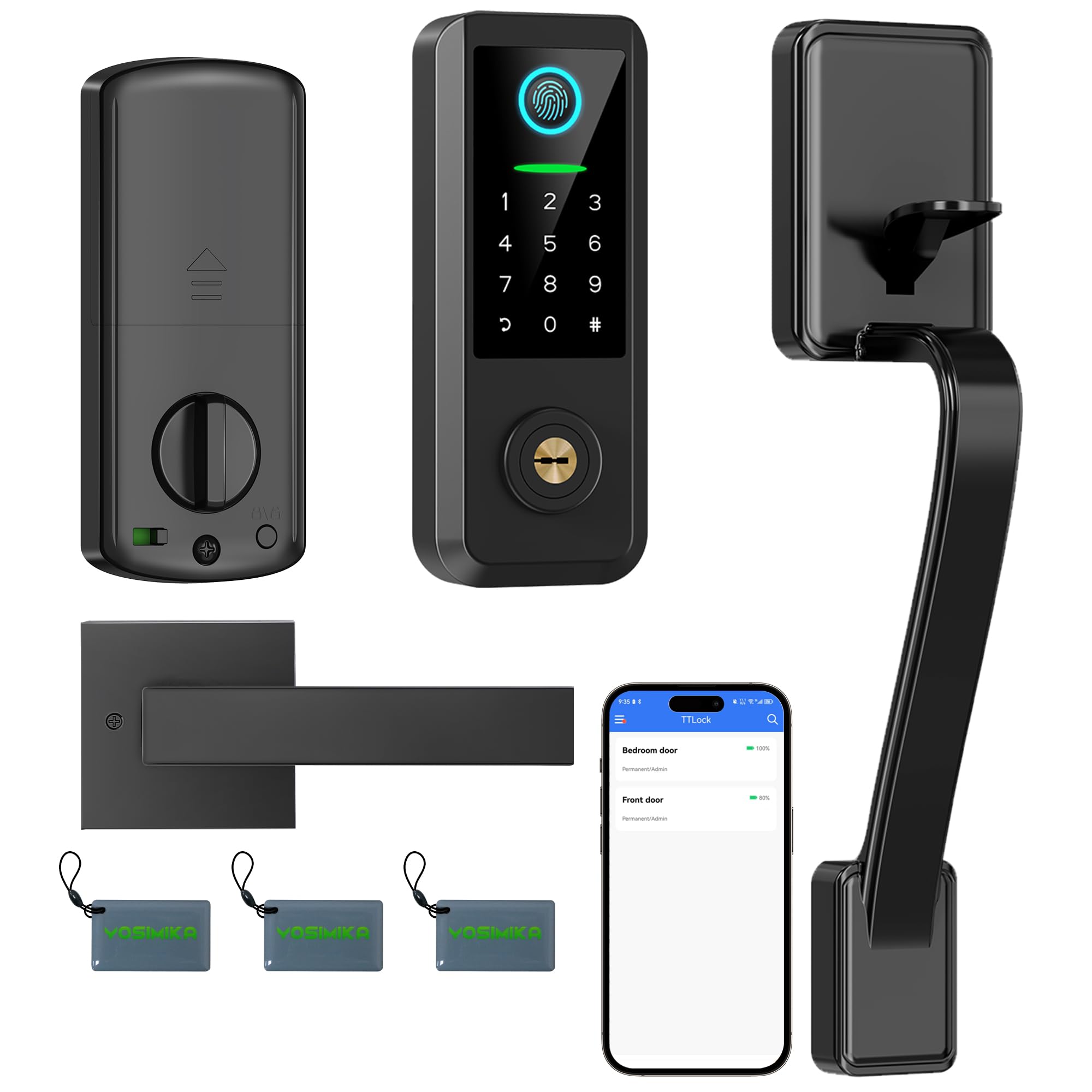 Yosimika Smart Keyless Entry Door Lock With Handle – Bluetooth Front Door Deadbolt With Fingerprint, App & Keypad Control, Alexa Compatible, Matte Black
