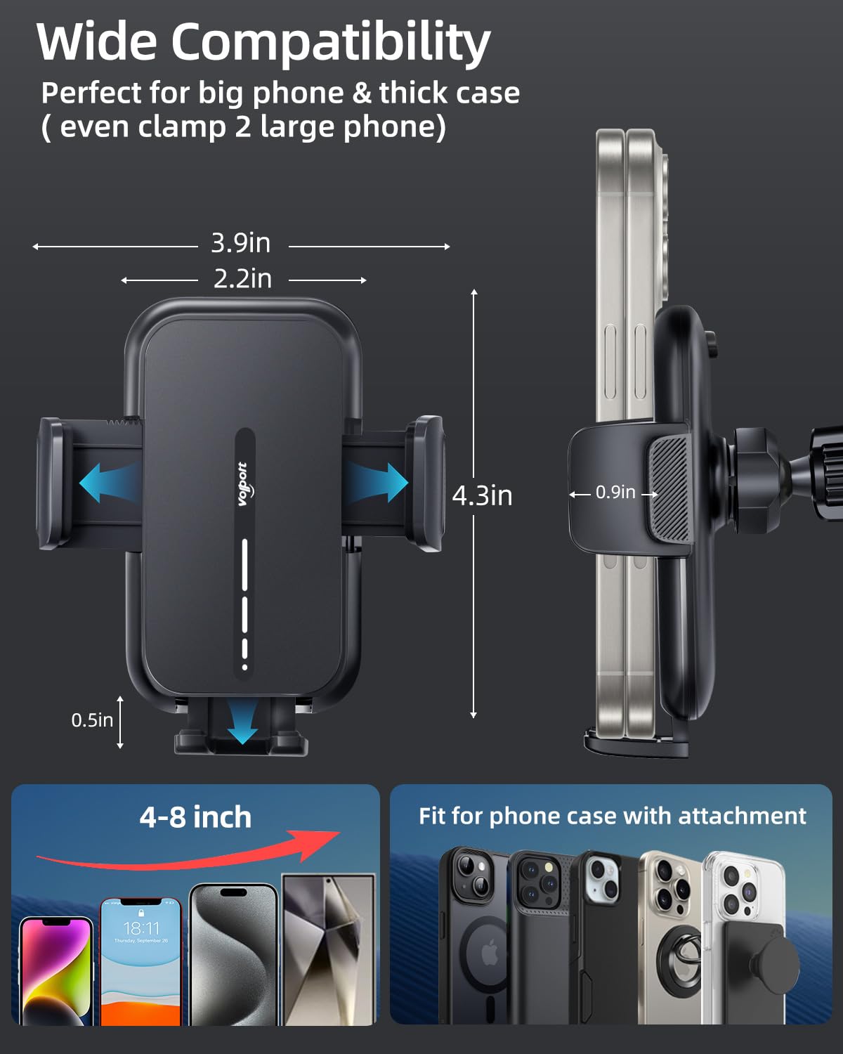 Volport Vent Phone Mount For Car, Hands  Air Vent Clip Cellphone Holder With Deep Wide Clamp, Universal Automobile Cradle Fit For Mercedes Benz, Toyota Rav4, Thick Case Iphone Wallet Card Holder