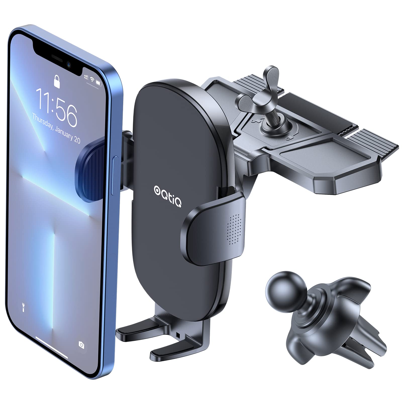 Oqtiq Cd Phone Holder For Car - One Touch Release, 360° Viewing, Universally Compatible With Iphone & Android, Cd Player Phone Mount & Air Vent Clip Included