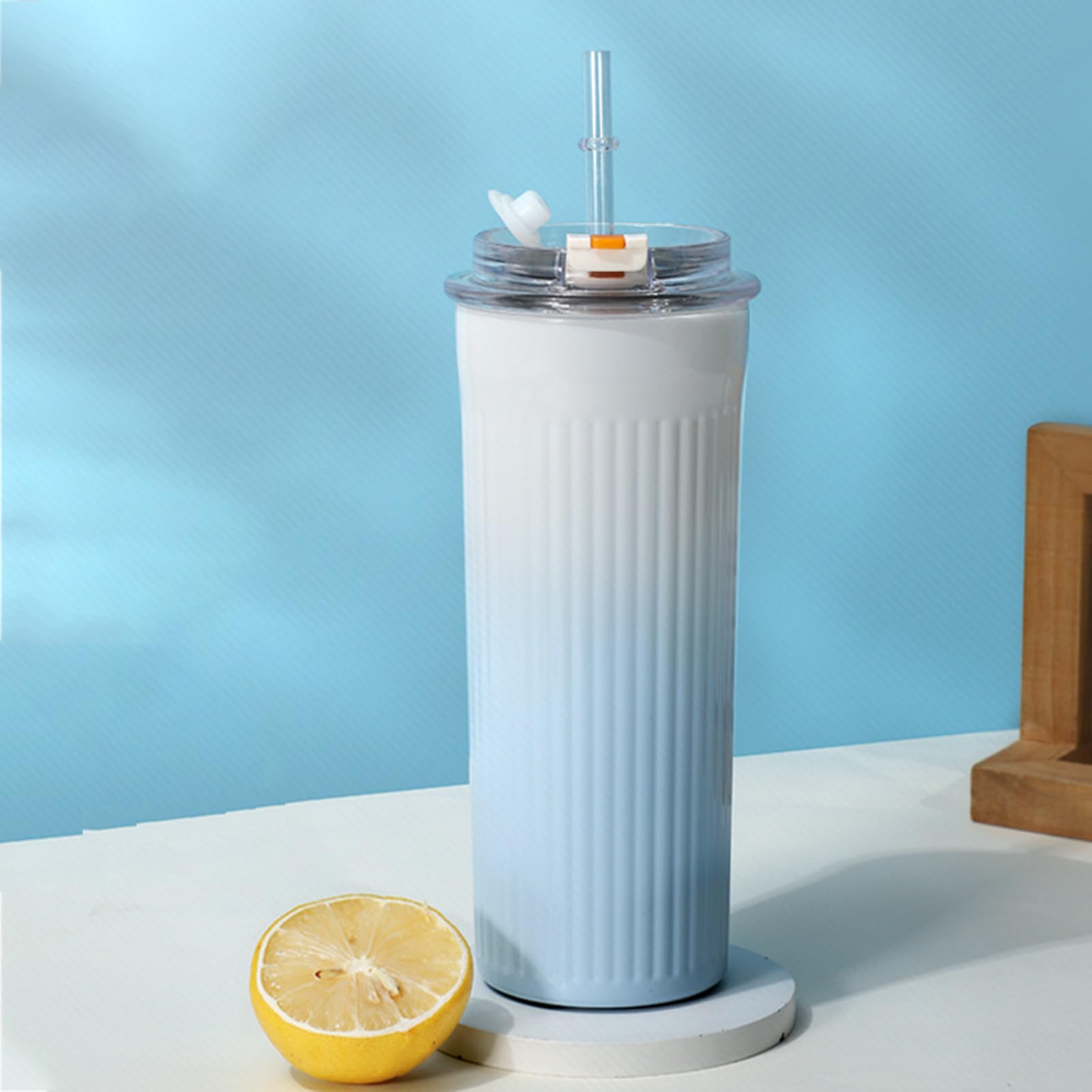 Dearart Insulated Bottle With Wave Shaped Bottles, Blue Vacuum Cup Stainless Steel With Straw