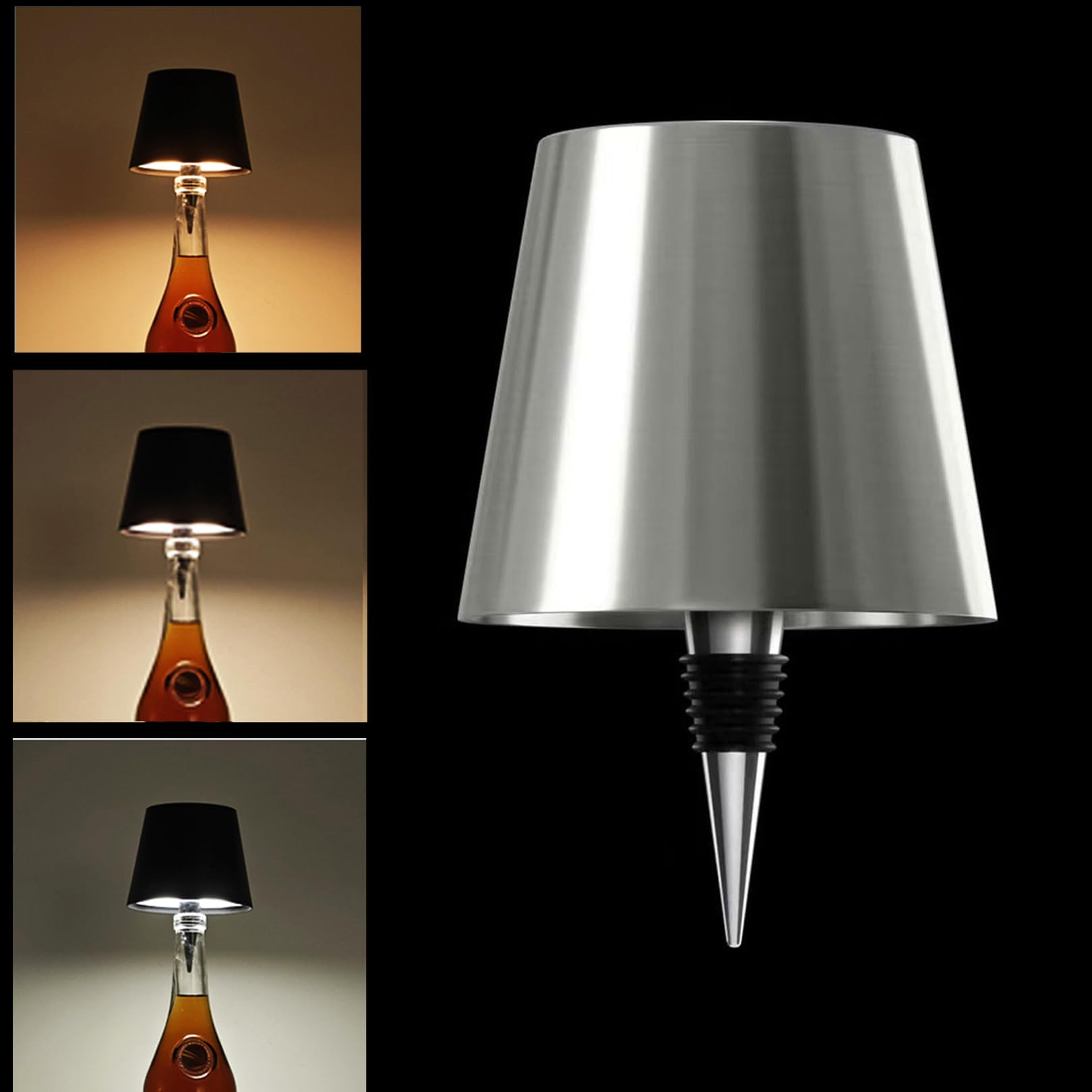 Desniltol Led Wine Bottle Lamp - Portable Wireless Bottle Lamp With 3 Color Changing, Rechargeable Touch Control Table Lamp, Cute Embed Led Night Light For Bedroom/Restaurant/Bar (Silver)