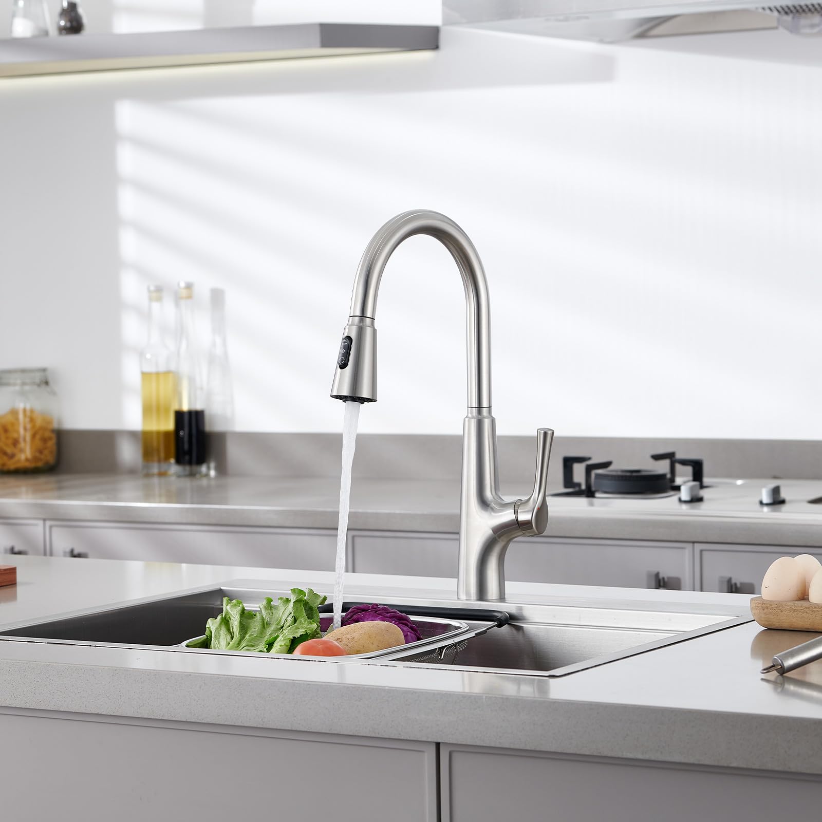 Aktines Kitchen Faucet With Pull Down Sprayer, 3-Function High Arc Stainless Steel Kitchen Sink Faucet With Deck Plate, Brushed Finish
