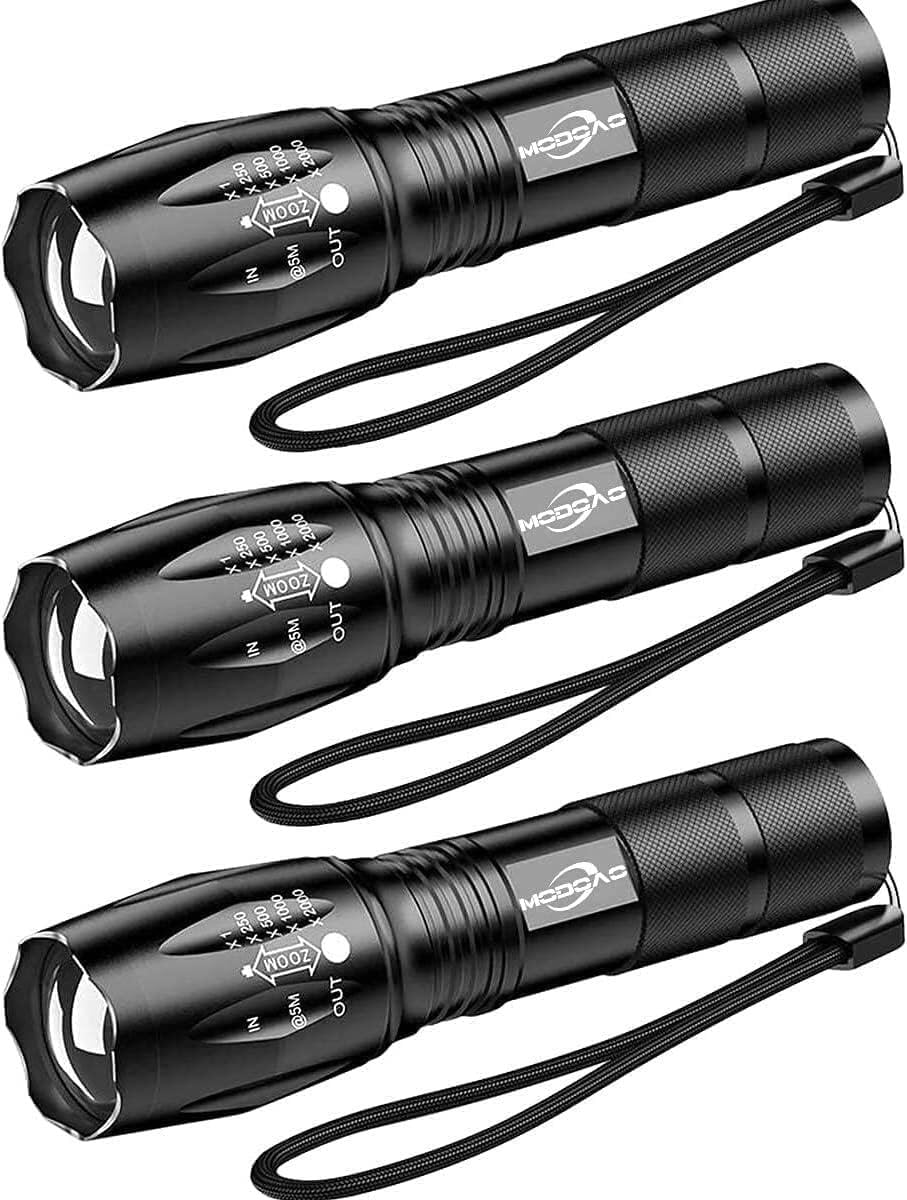 Modoao Led Flashlight High Lumens - Flashlights For Camping, Hiking, Dog Walking - Powerful Emergency Flashlights With 5 Modes For Outdoor Use - Bright Flashlight With Zoomable Beam (3-Pack)