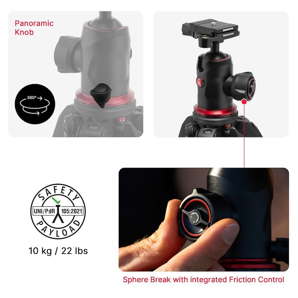 Manfrotto 190X As, 3-Section Aluminum Camera Tripod, Photo-Kit With Ball Head, Ground Level, Arca-Swiss Plate, Quick Power Lever Lock, 22Lbs Payload, For Dslr And Mirrorless, Photo Shooting Supports