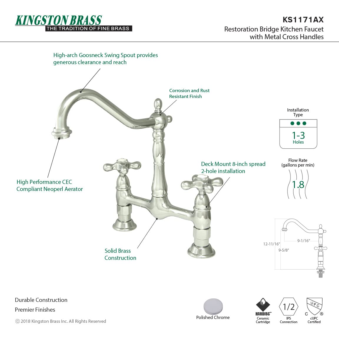 Elements Of Design Kingston Brass Es1171Ax Orleans 2-Handle 8' Center Bridge Kitchen Faucet, 8- 1/2', Polished Chrome