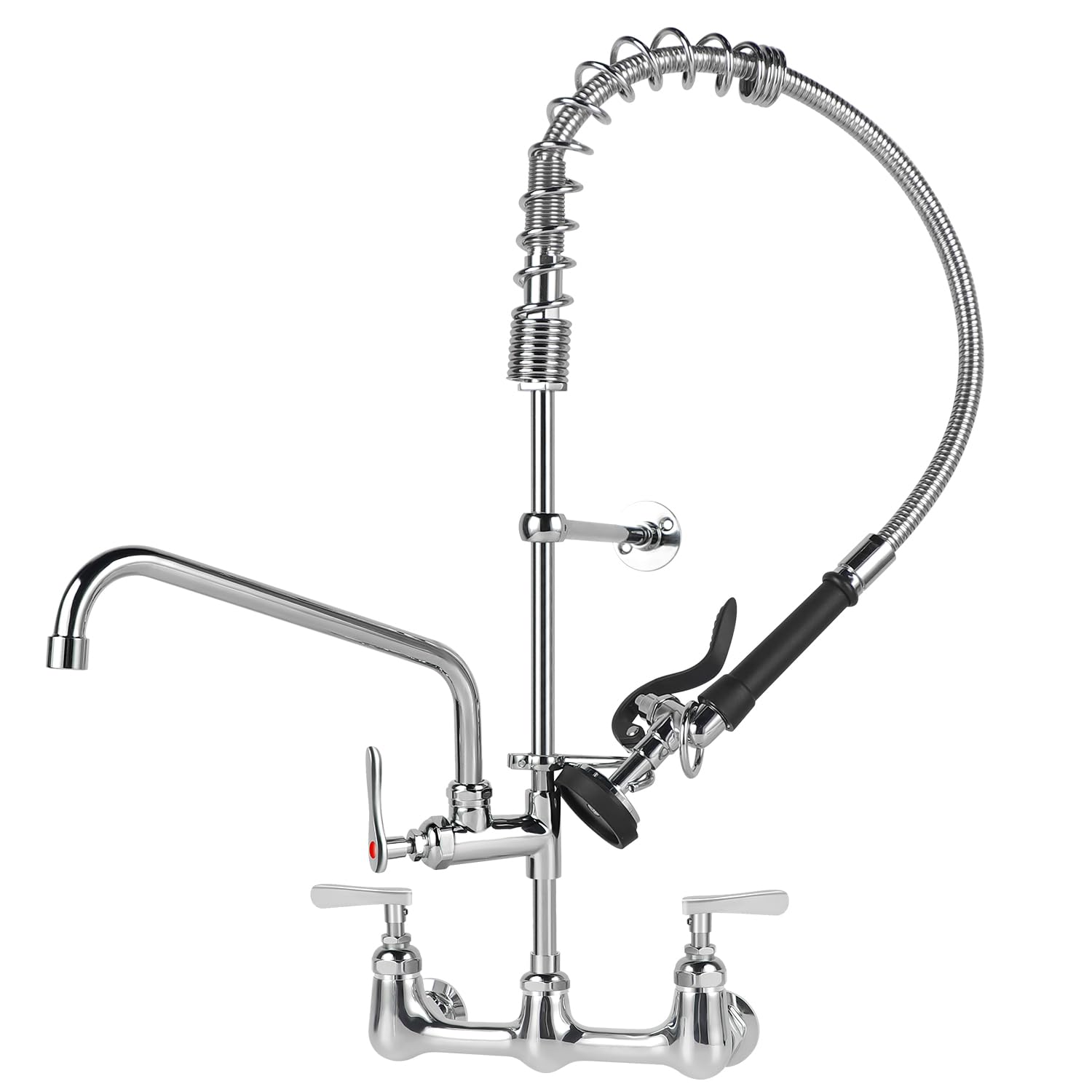 Kwode Commercial Kitchen Faucet With Pre Rinse Sprayer 8 Inch Center Wall Mount Sink Faucet 27" Height 12" Swivel Spout Pull Down Spray Faucet For Restaurant Industrial Compartment Sink, Brass Chrome