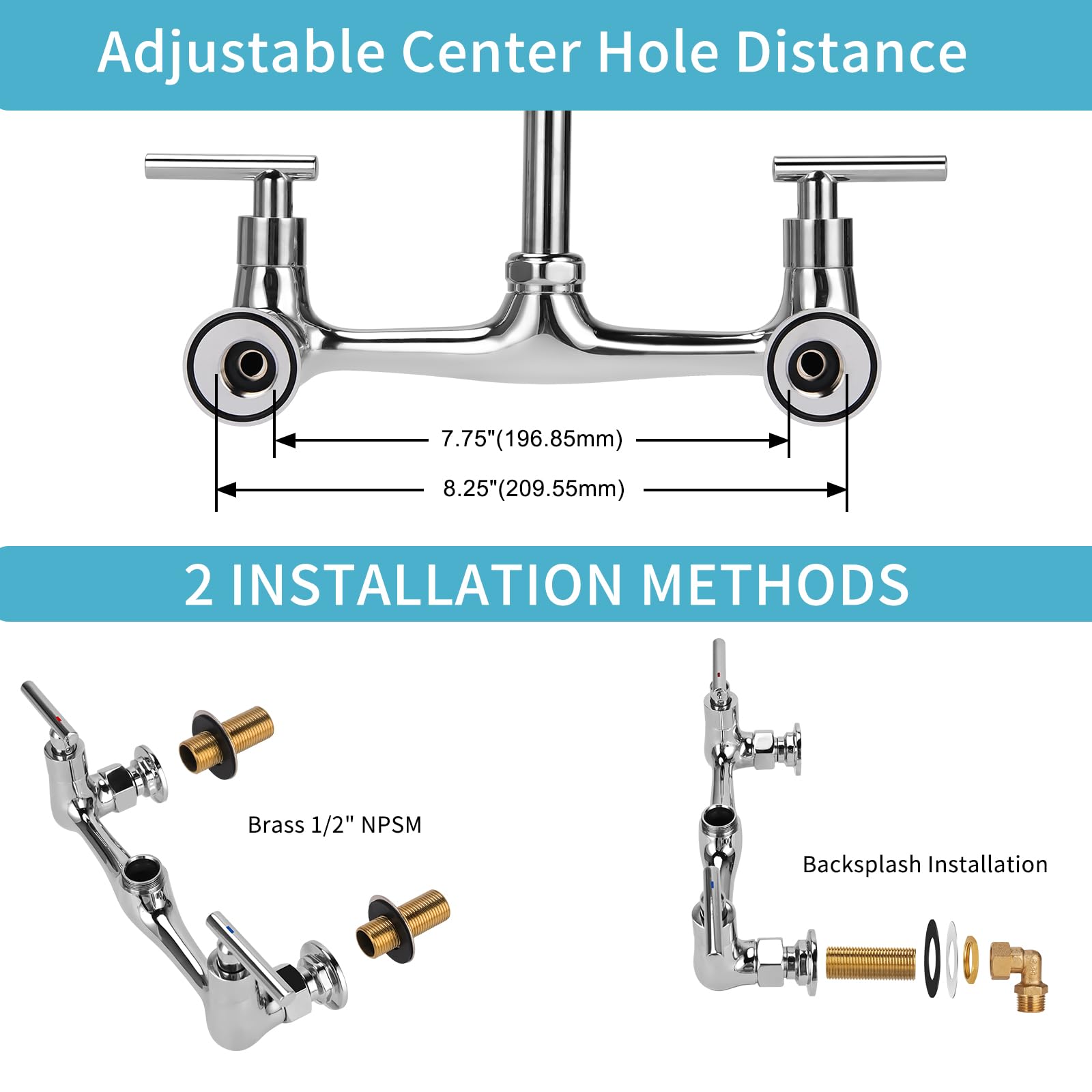 Tnroted Wall Mount Kitchen Faucet With 8" Gooseneck Swivel Spout, 8 Inch Center Commercial Kitchen Sink Faucet 2 Handle Wall Mount Utility Sink Faucet For Kitchen Restaurant Compartment Sink