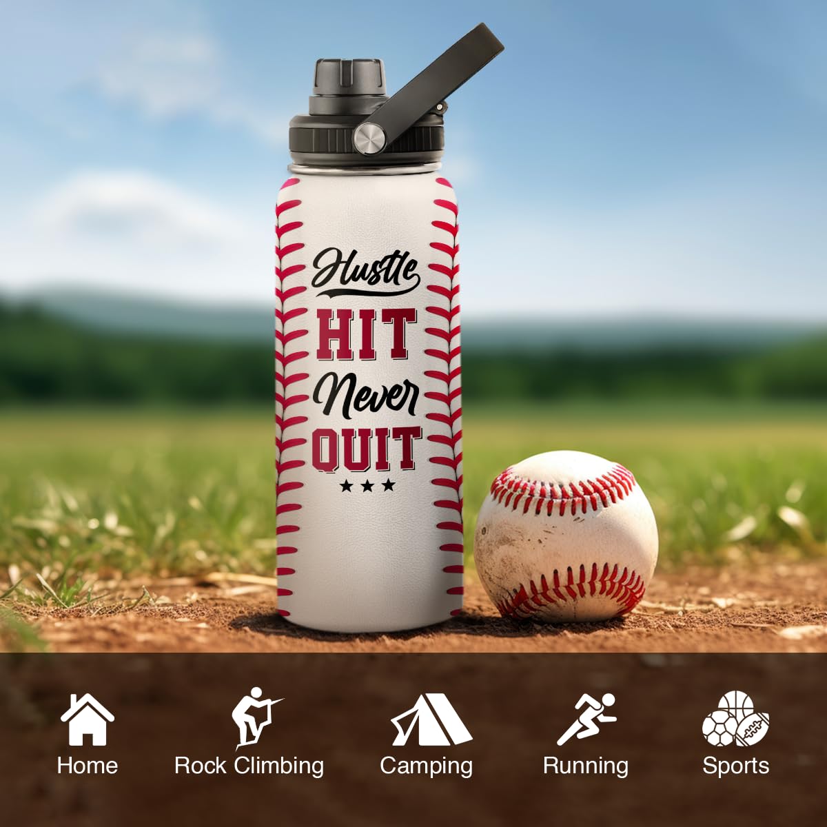 Sandjest Baseball Water Bottle 32Oz Hustle Hit Never Quit Stainless Steel Insulated Bottle