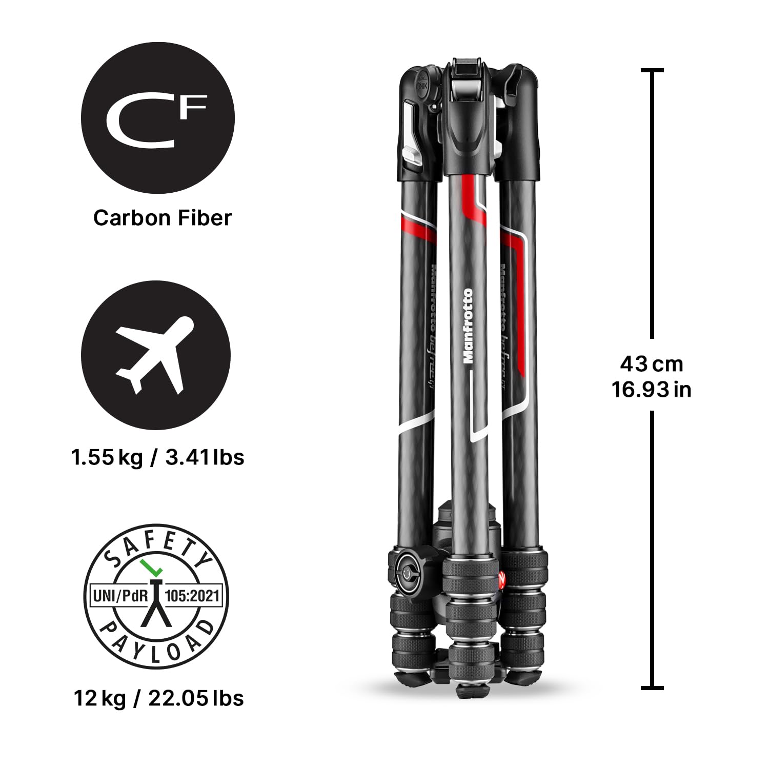 Manfrotto Be Gt 4-Section Carbon Fiber Travel Tripod With 496 Center Ball Head, Twist Lock, Black